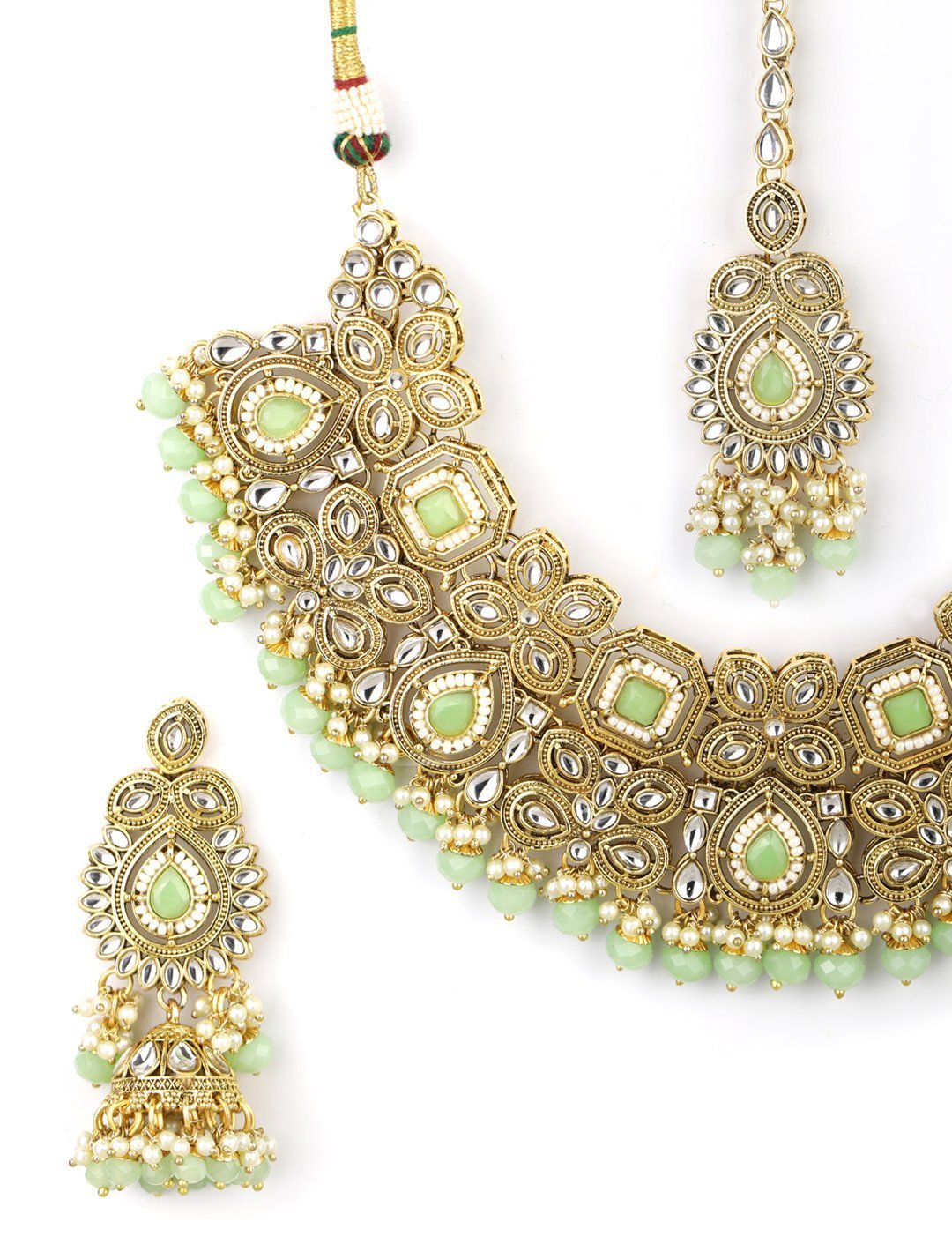 Women's Mint Green Pearls Stones Beads Kundan Gold Plated Traditional MaangTika Jewellery Set