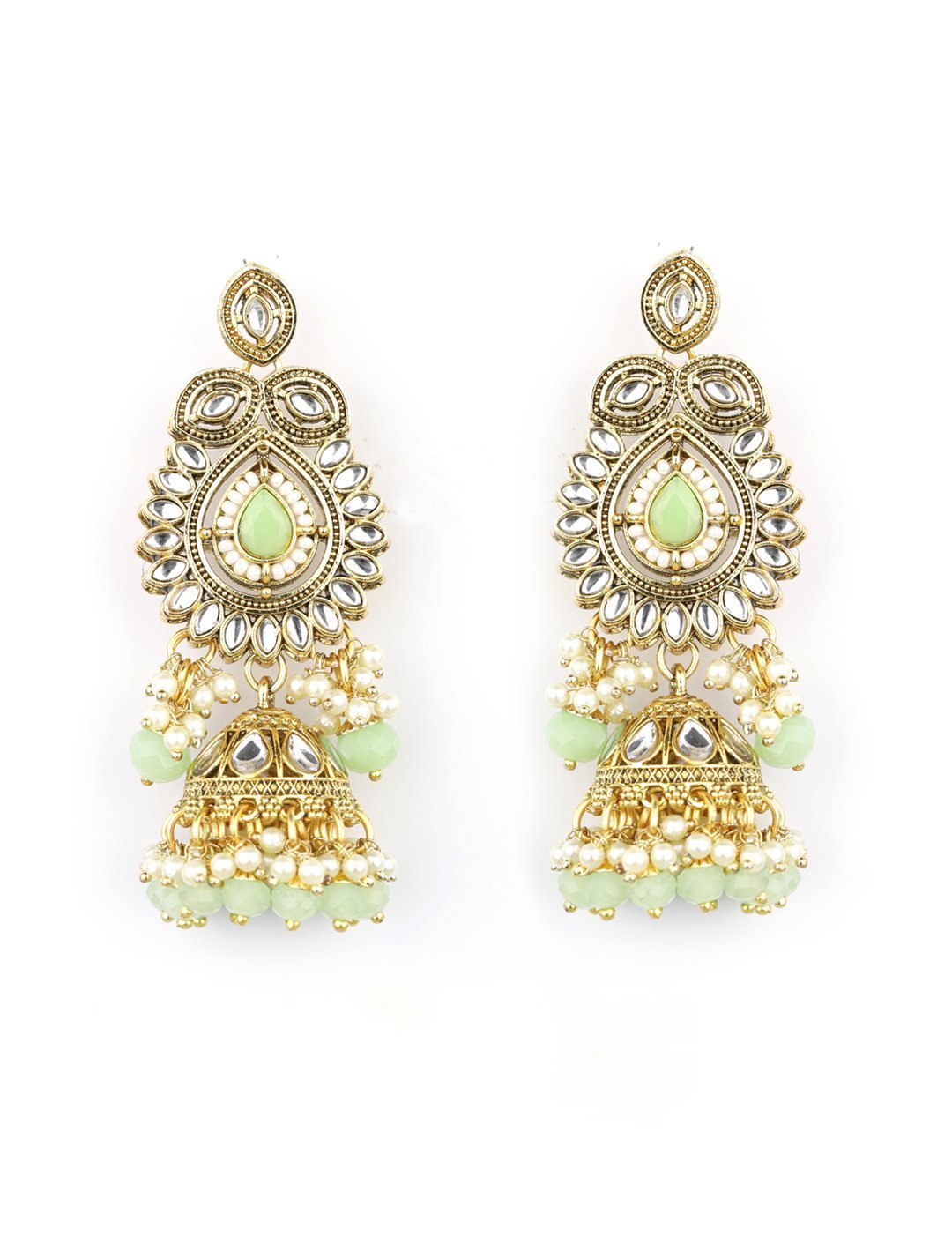 Women's Mint Green Pearls Stones Beads Kundan Gold Plated Traditional MaangTika Jewellery Set