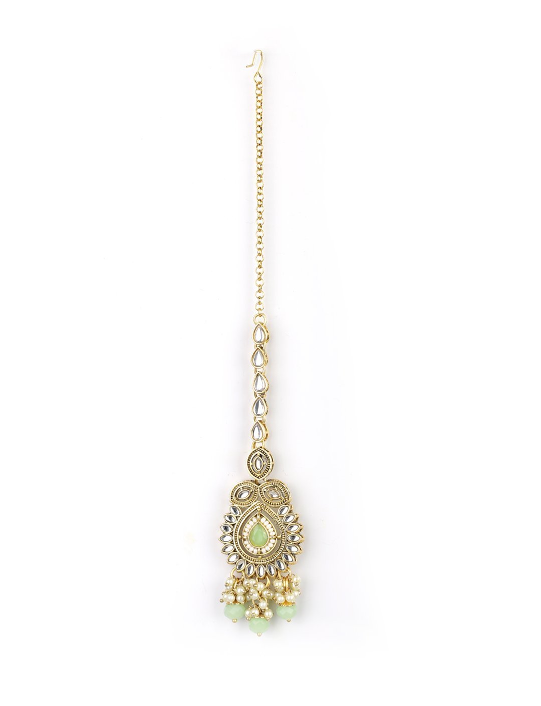 Women's Mint Green Pearls Stones Beads Kundan Gold Plated Traditional MaangTika Jewellery Set