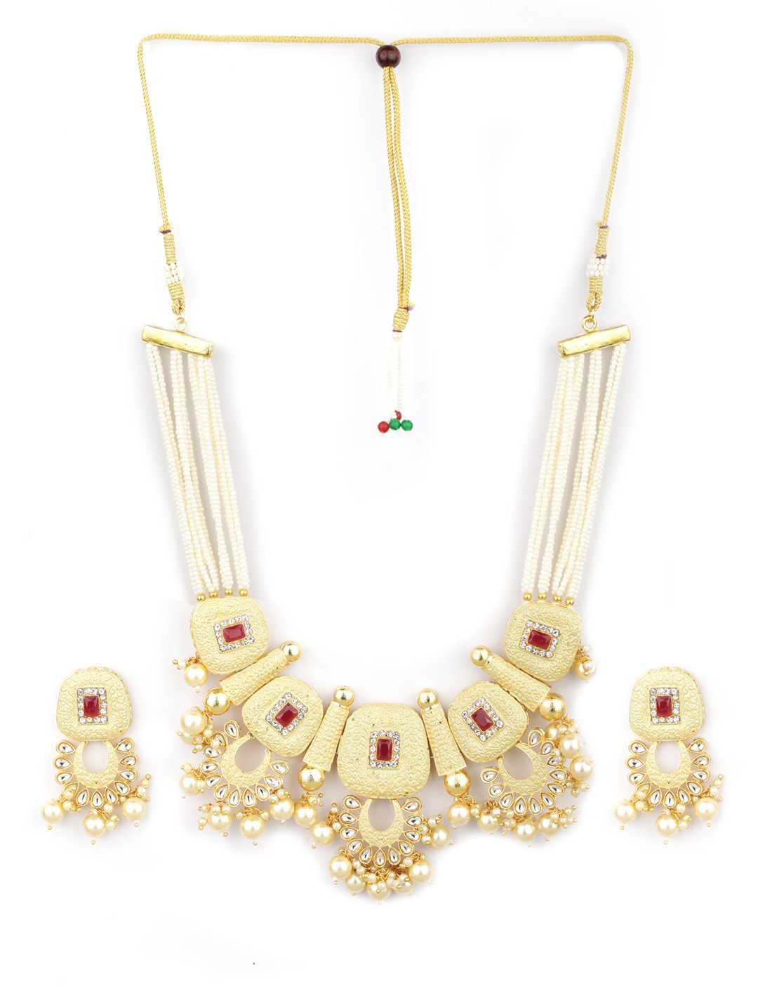 Women's White Beads Pearls Stones Gold Plated Traditional Jewellery Set