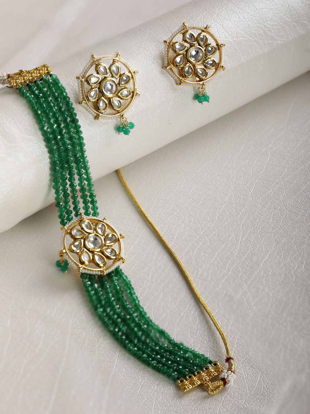 Women's  Green Beads Kundan Gold Plated Traditional Choker