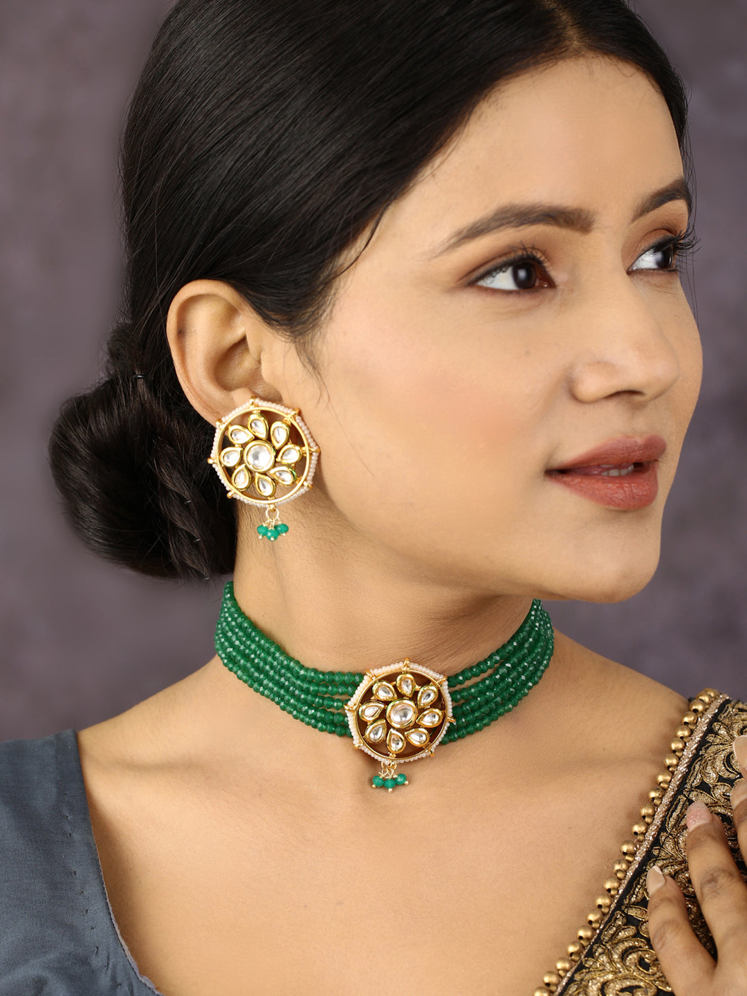Women's  Green Beads Kundan Gold Plated Traditional Choker