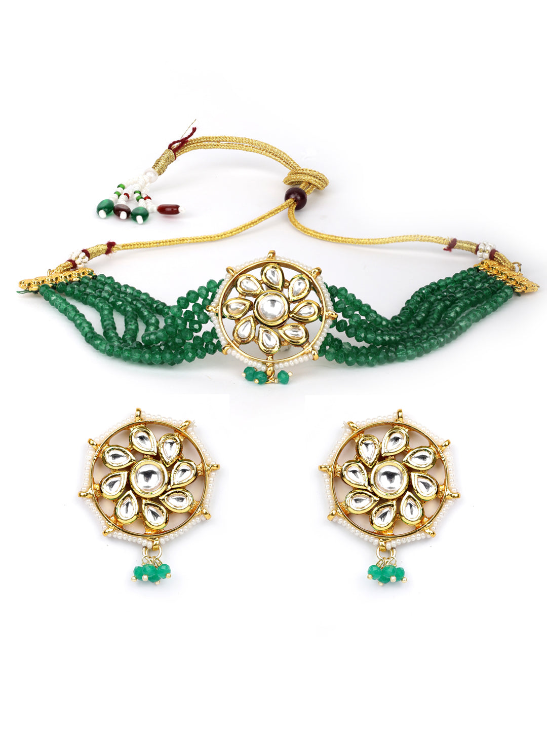 Women's  Green Beads Kundan Gold Plated Traditional Choker