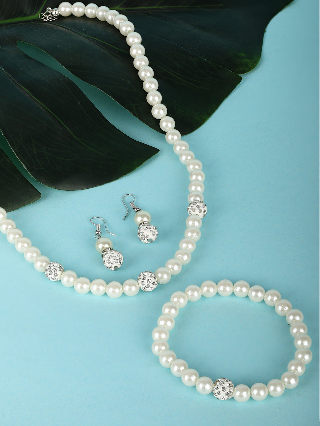Women's  Silver Plated Pearls Jewellery Set with Bracelet