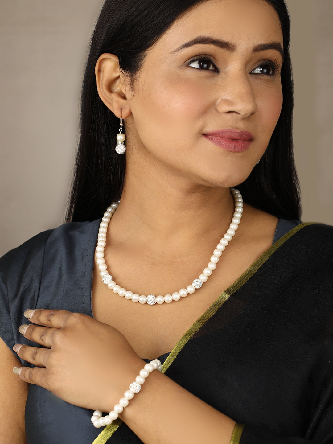 Women's  Silver Plated Pearls Jewellery Set with Bracelet