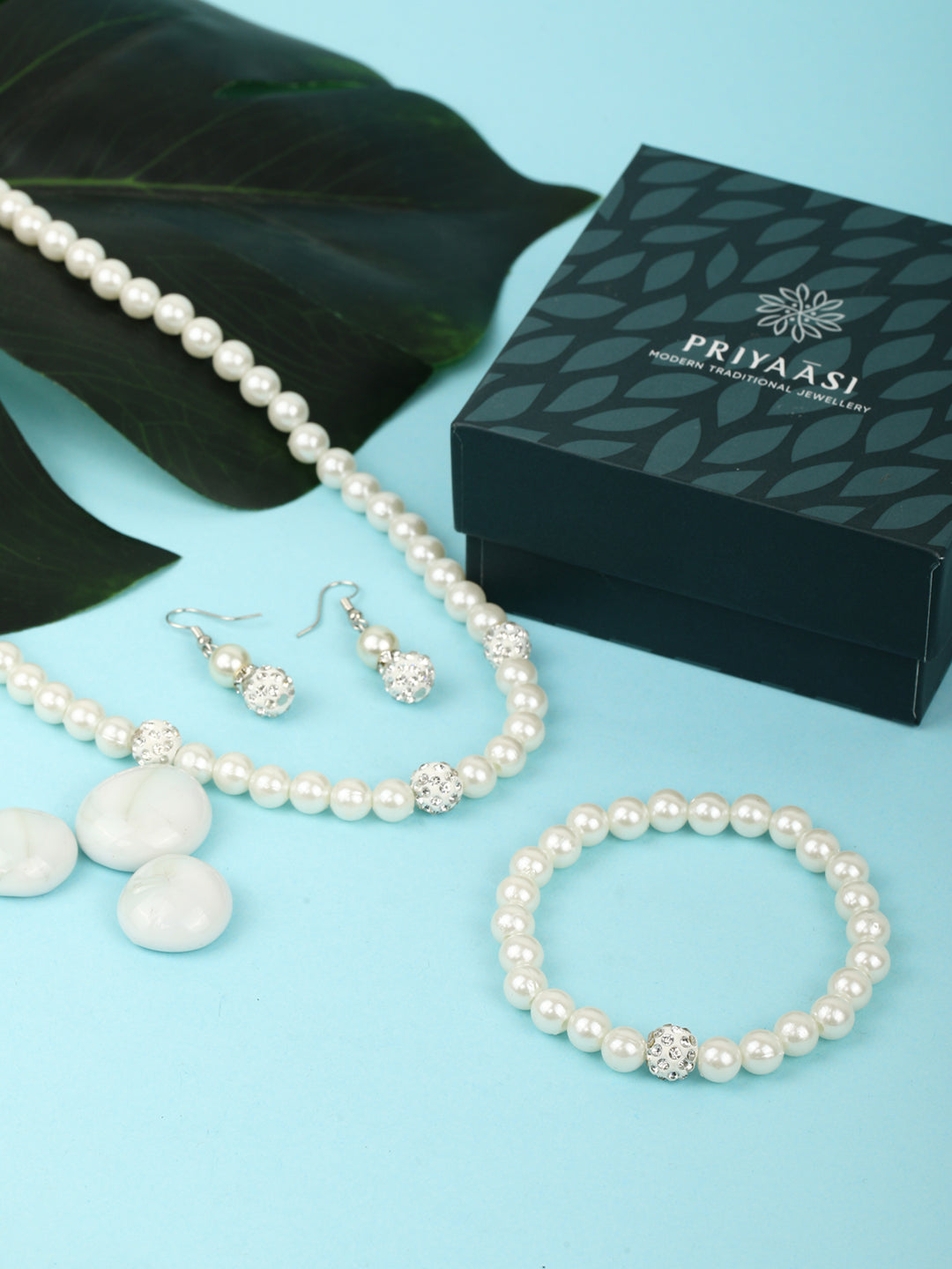 Women's  Silver Plated Pearls Jewellery Set with Bracelet
