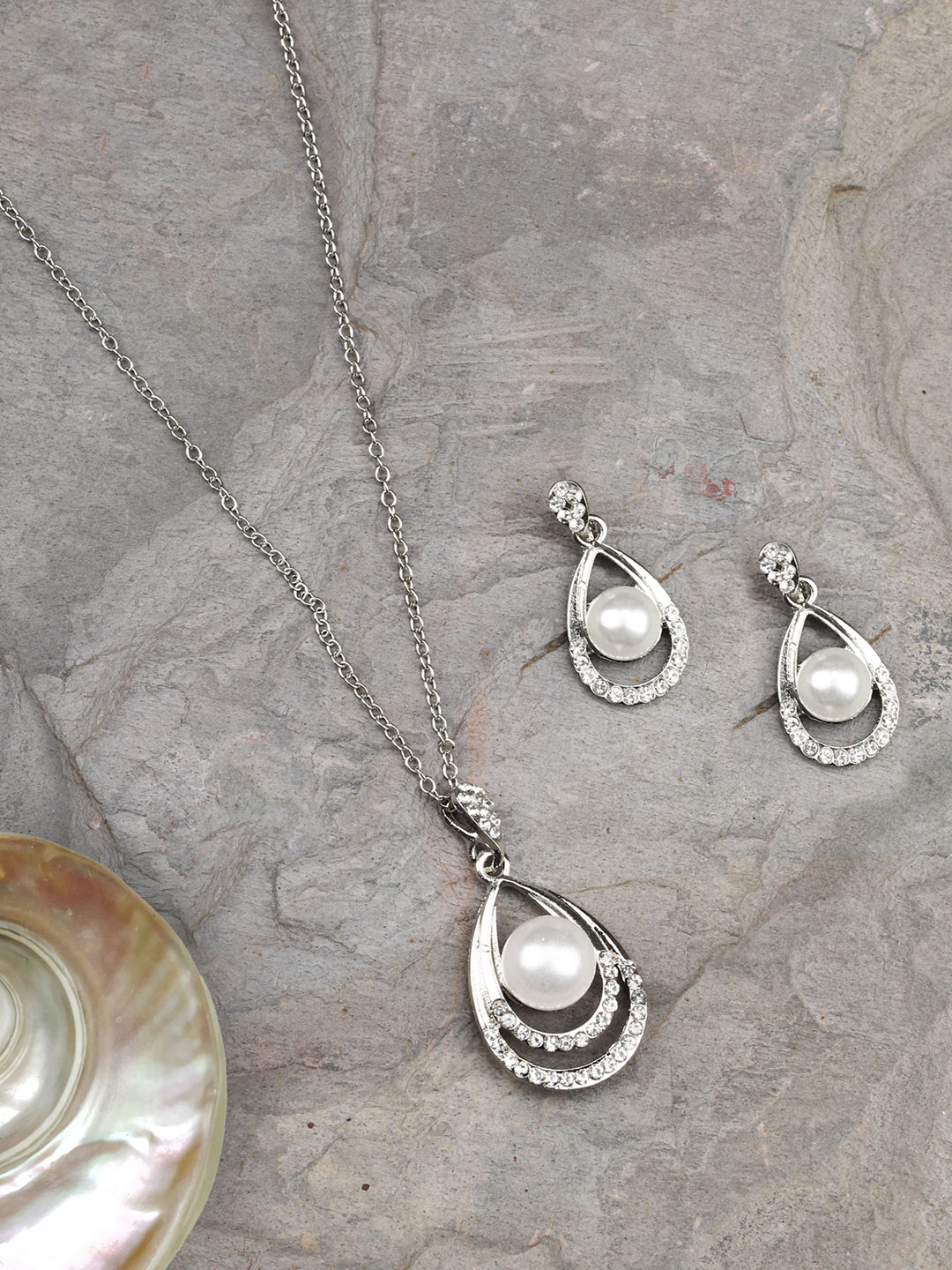 Women's  Droplet-Pearls & Stones Silver Plated Pendant Set