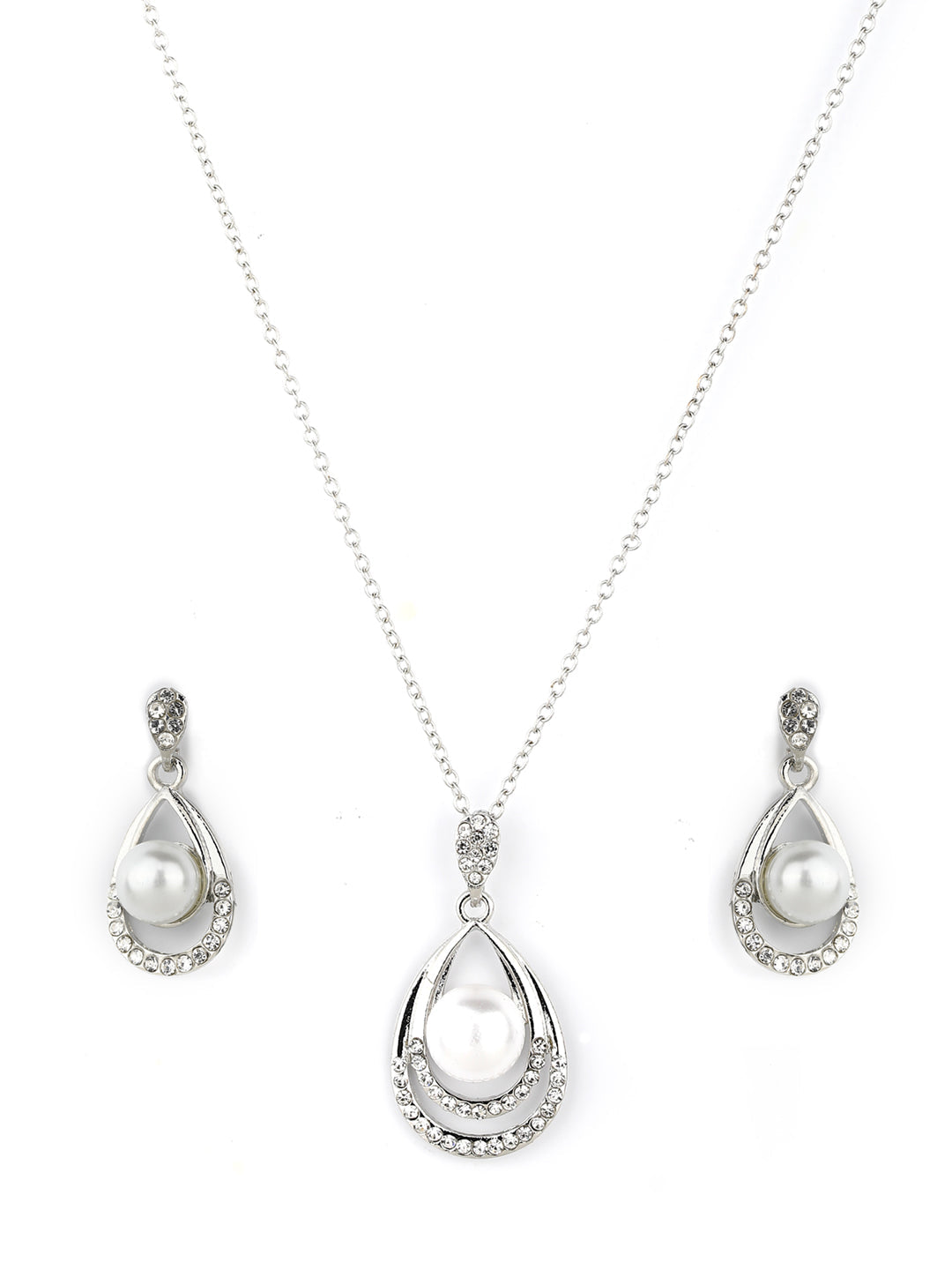Women's  Droplet-Pearls & Stones Silver Plated Pendant Set
