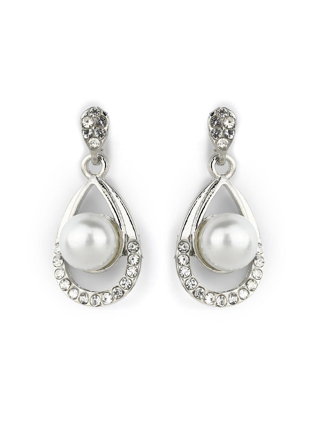 Women's  Droplet-Pearls & Stones Silver Plated Pendant Set