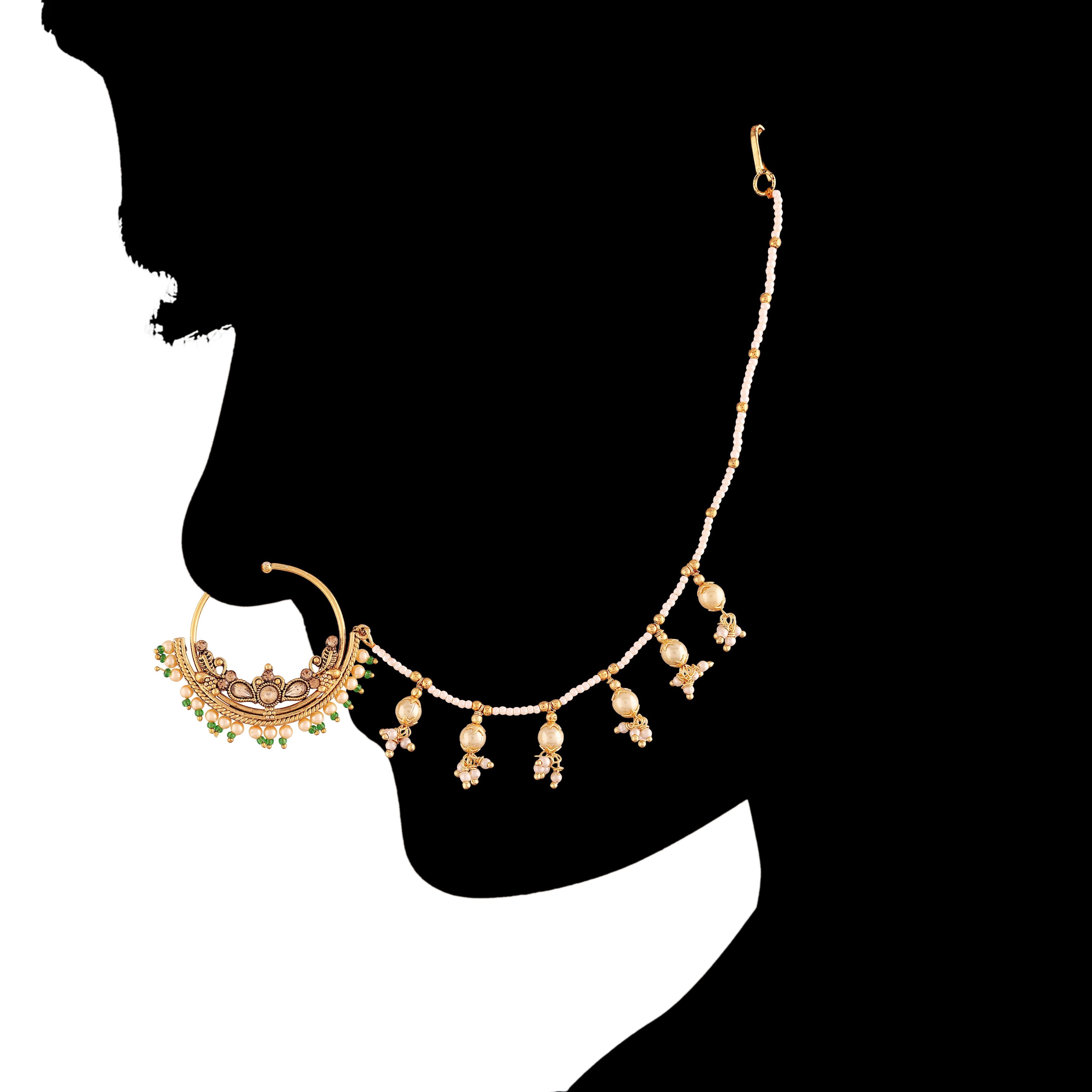 Gold Plated Pearl s Hanging Nose Ring With Chain