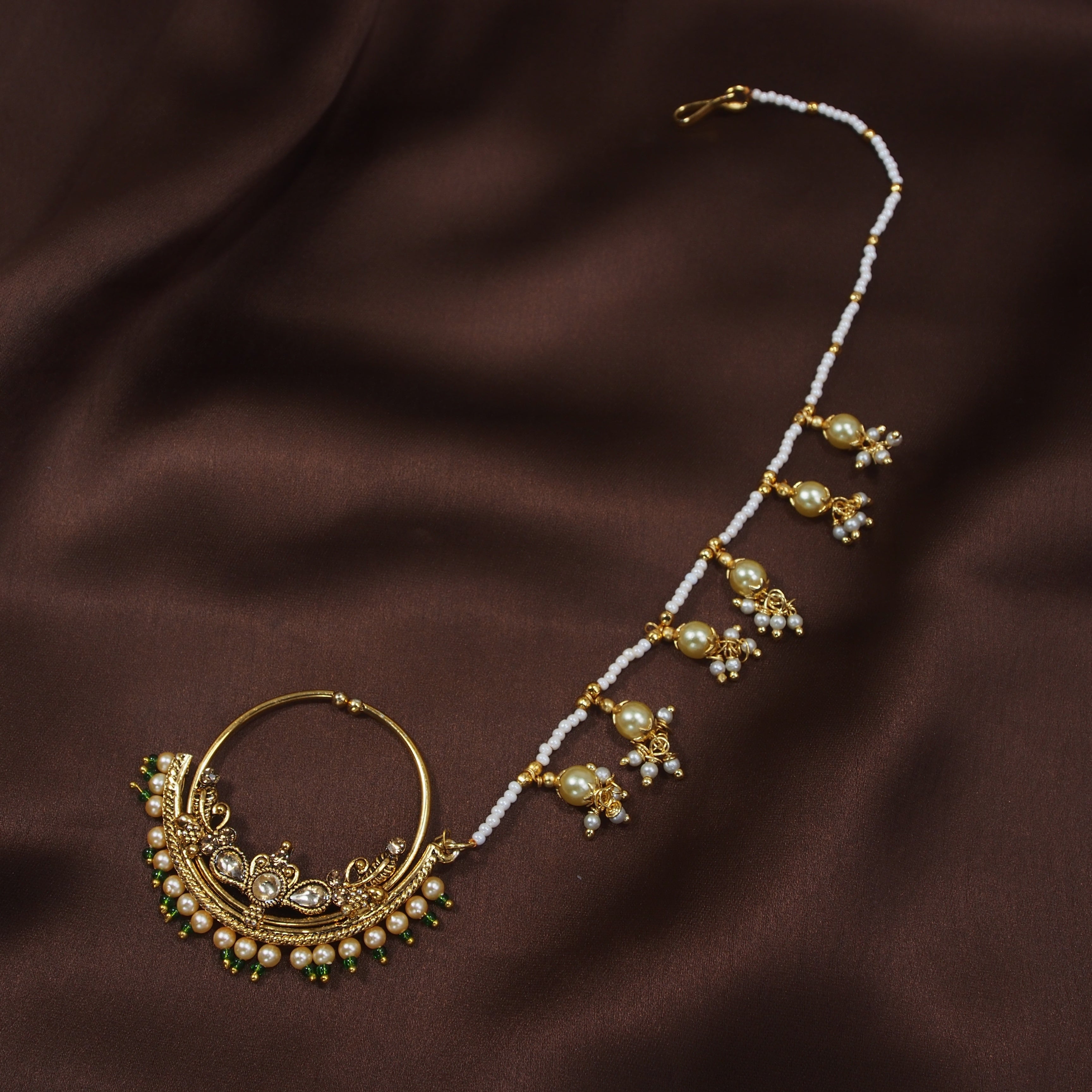 Gold Plated Pearl s Hanging Nose Ring With Chain