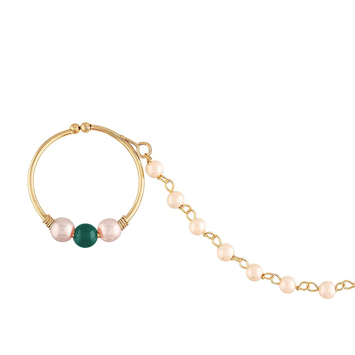 Gold Plated Green Kundan Nose Ring With Pearl Chain