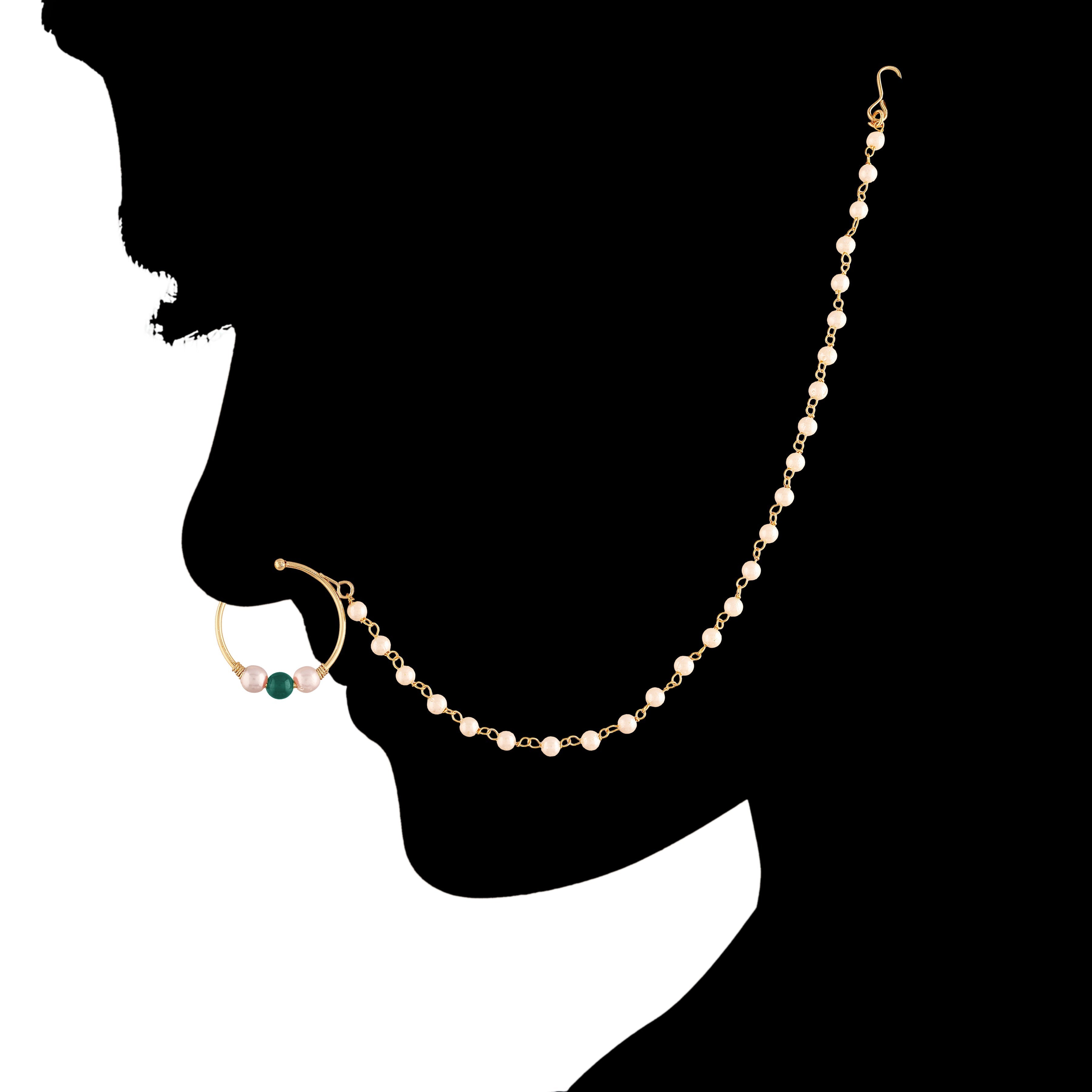 Gold Plated Green Kundan Nose Ring With Pearl Chain