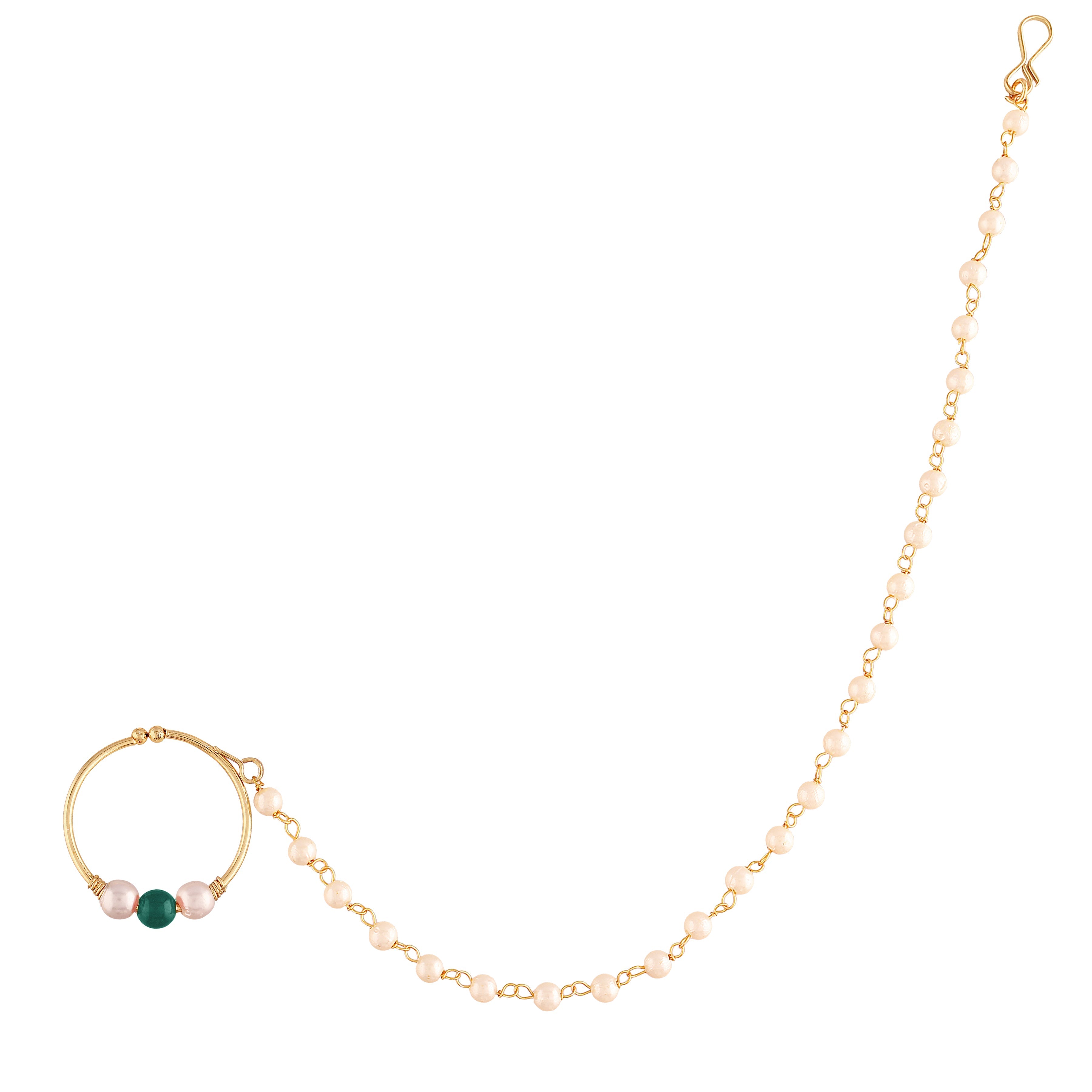 Gold Plated Green Kundan Nose Ring With Pearl Chain