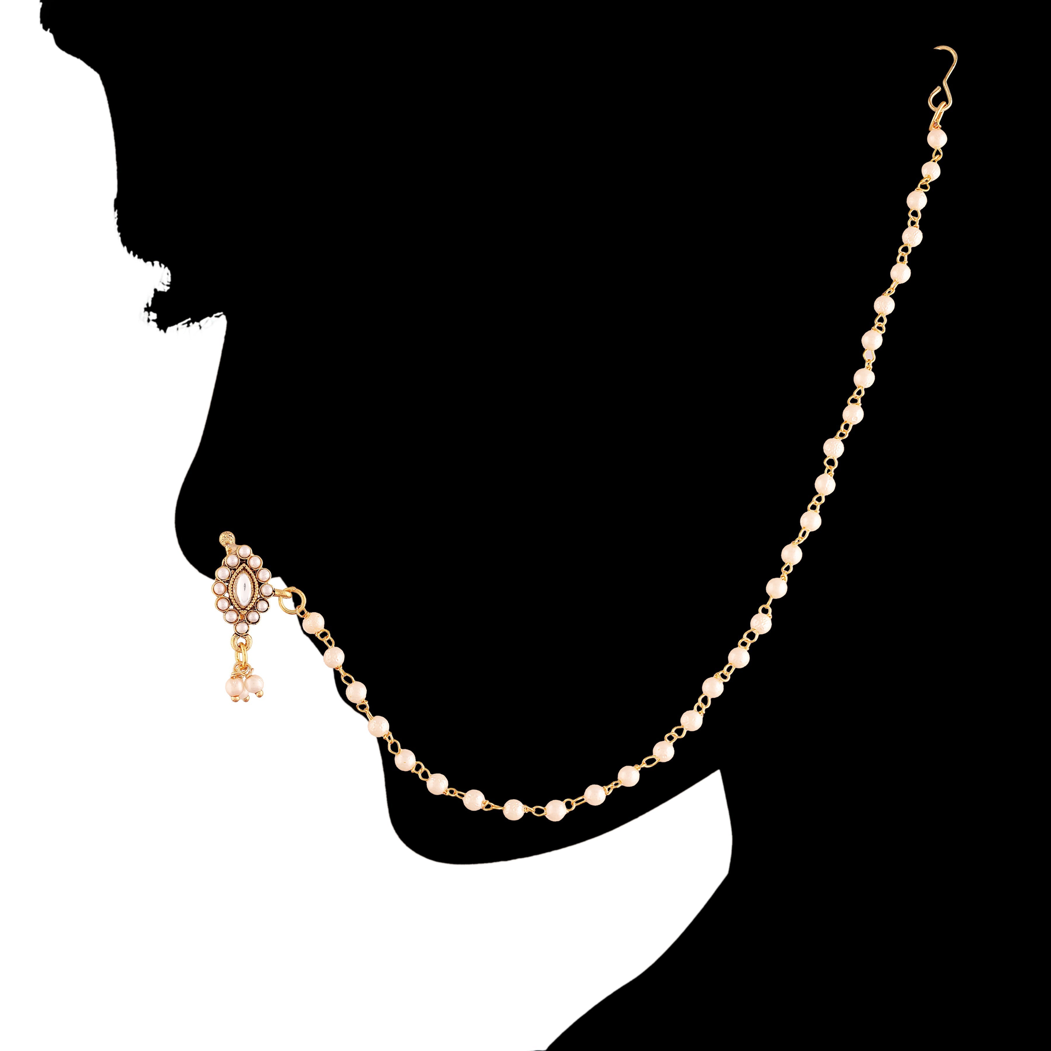 Kundan Studded Nose Pin With Pearl Chain
