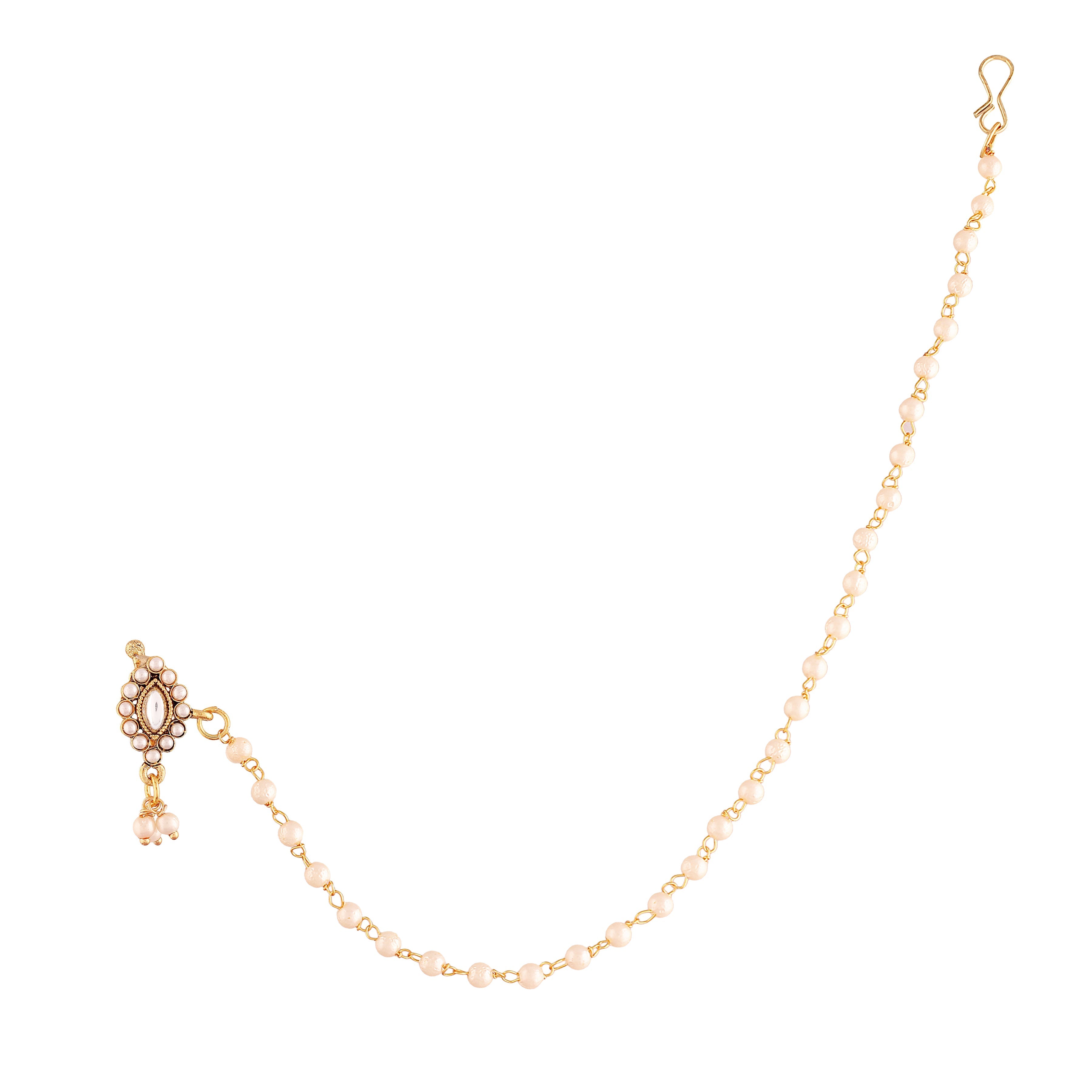 Kundan Studded Nose Pin With Pearl Chain