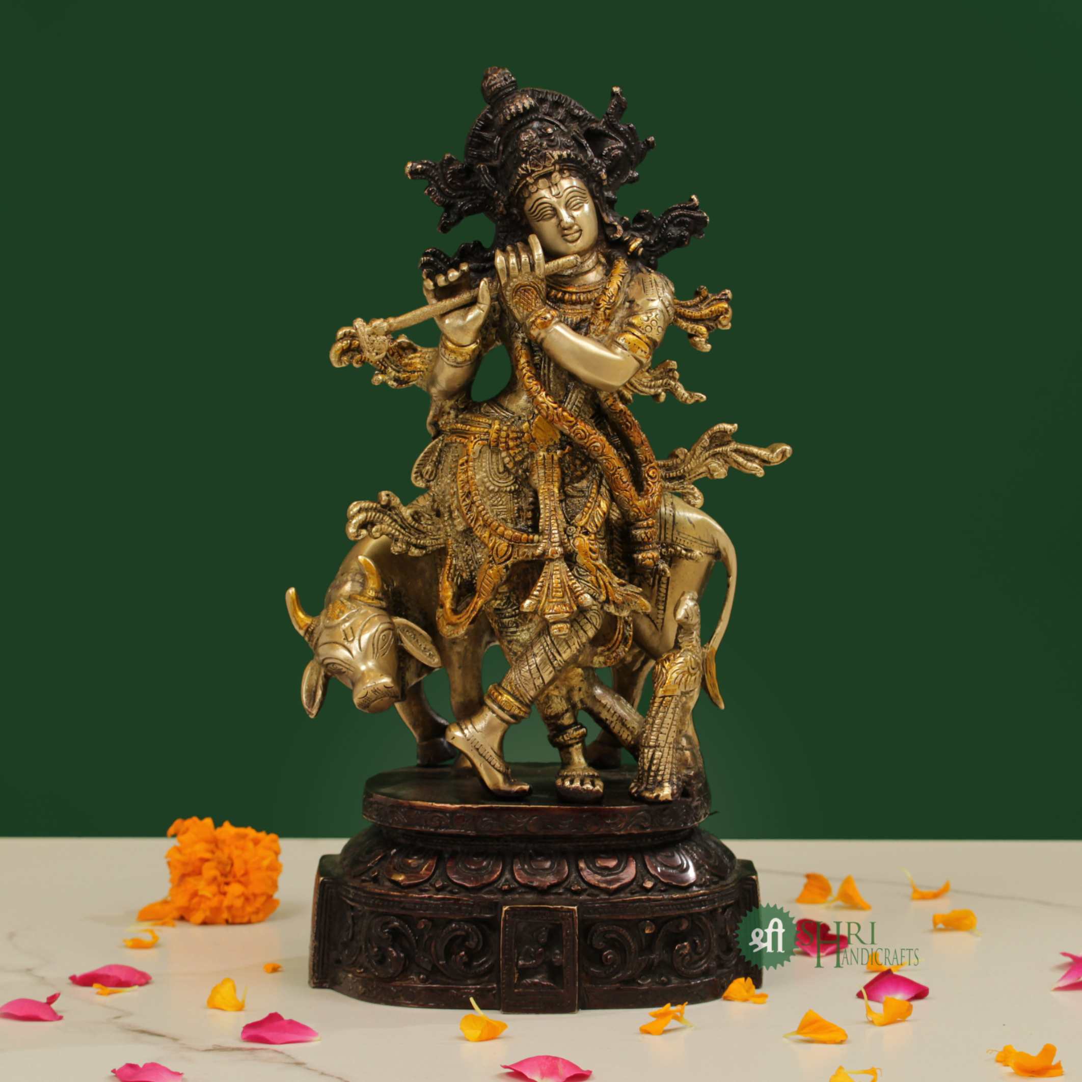 13 INCH  BRASS KRISHNA WITH COW