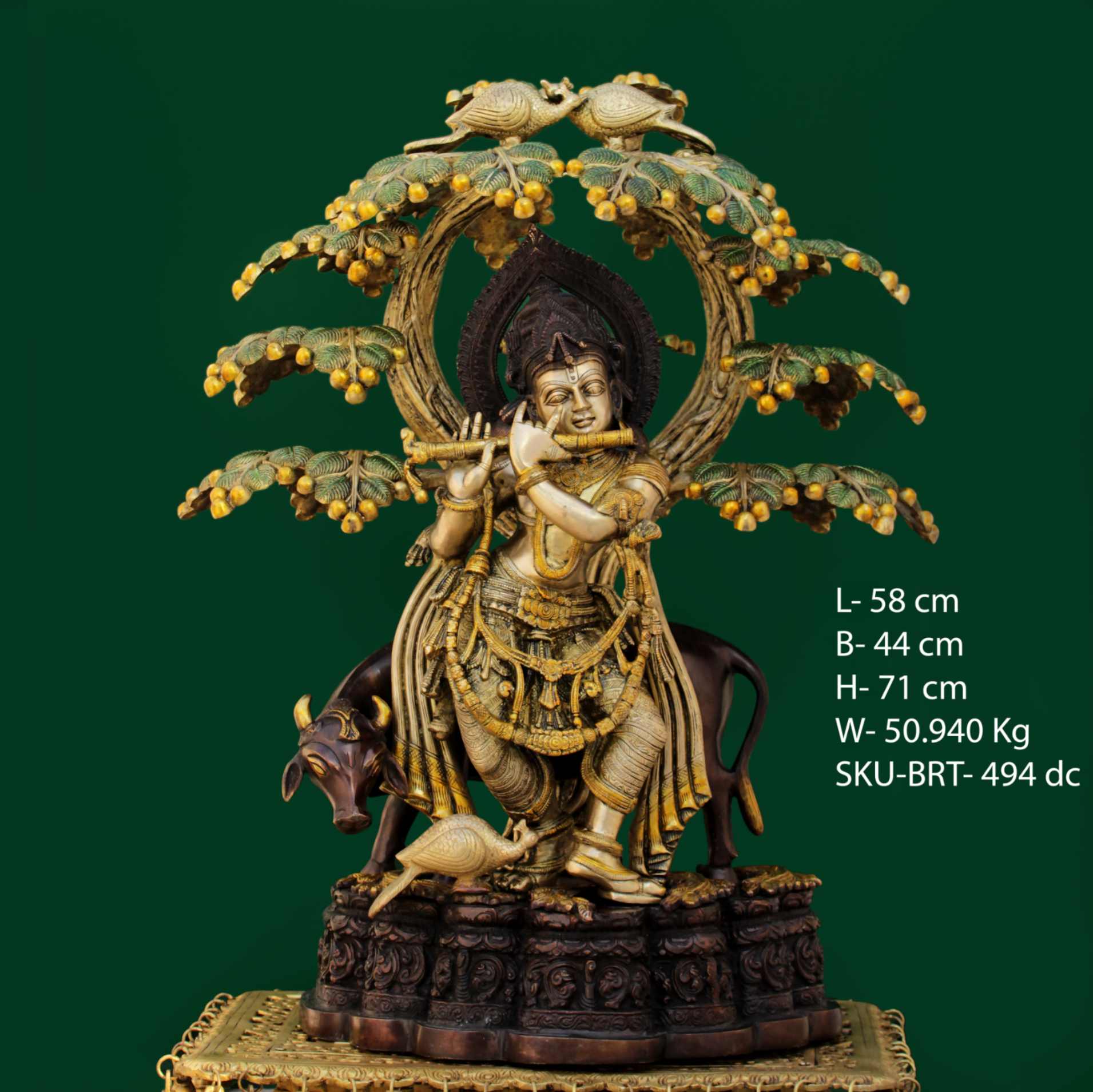 Brass Colour Tree Krishna With Cow