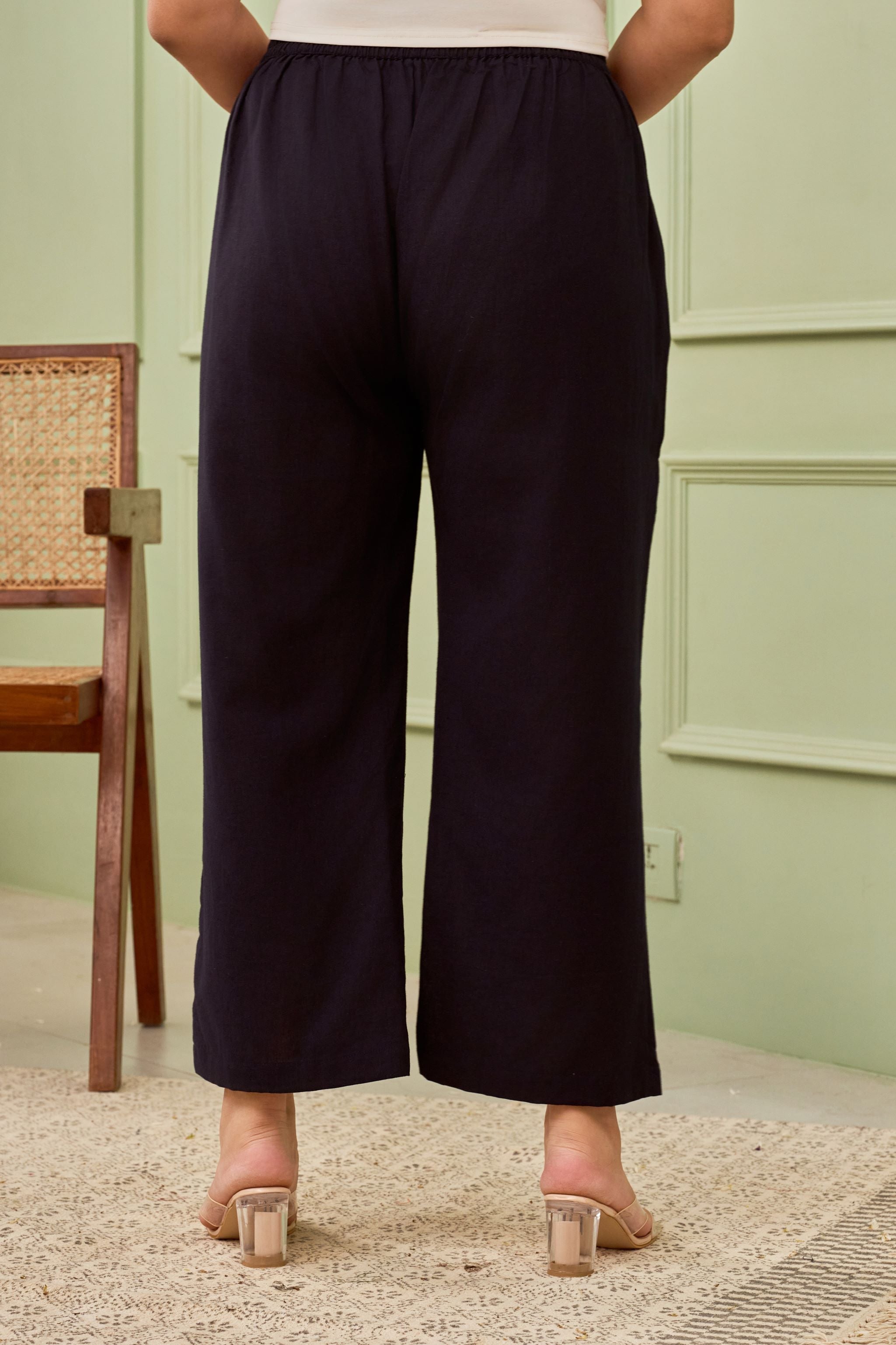 Women's Navy Blue Linen Mid-Rise Relaxed Fit Pants - Nangalia Ruchira