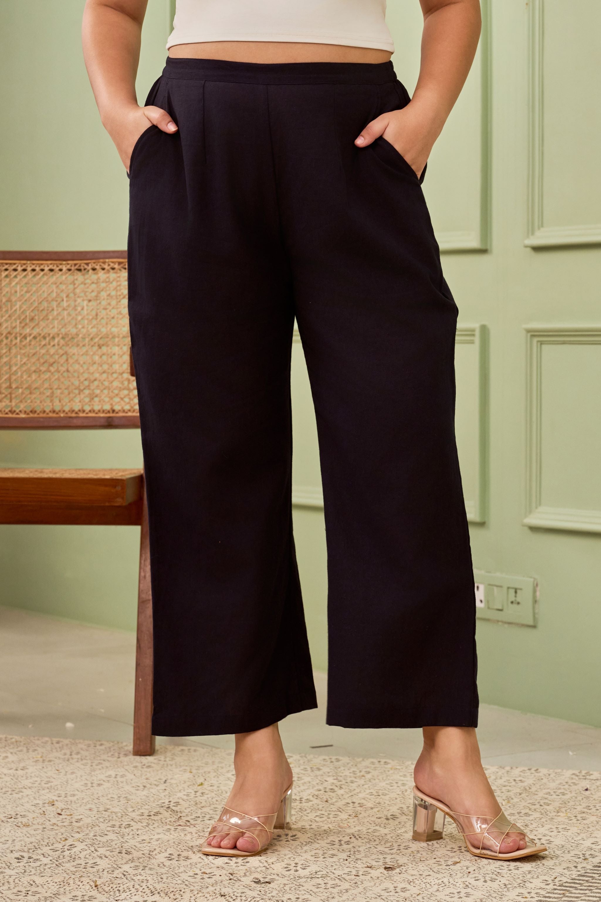 Women's Navy Blue Linen Mid-Rise Relaxed Fit Pants - Nangalia Ruchira