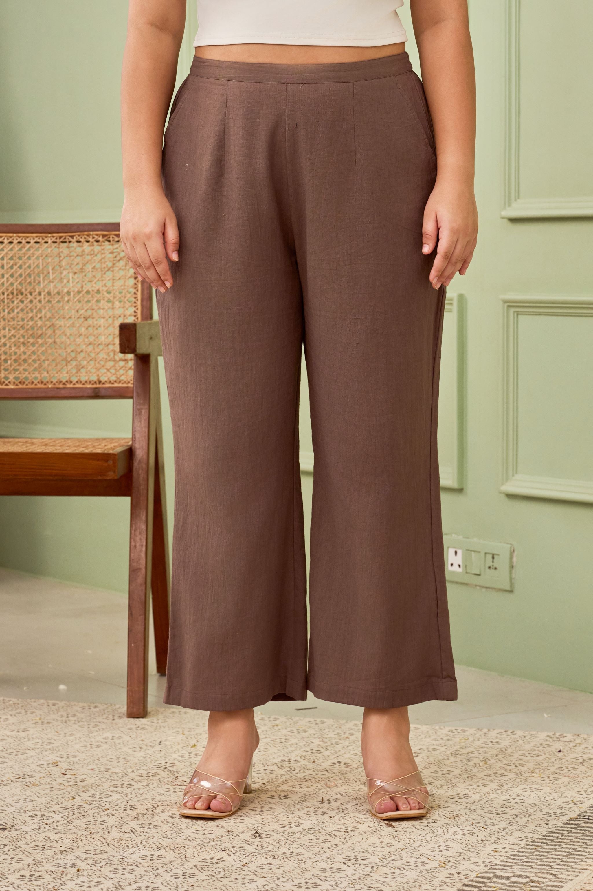 Women's Taupe Linen Mid-Rise Relaxed Fit Pants - Nangalia Ruchira