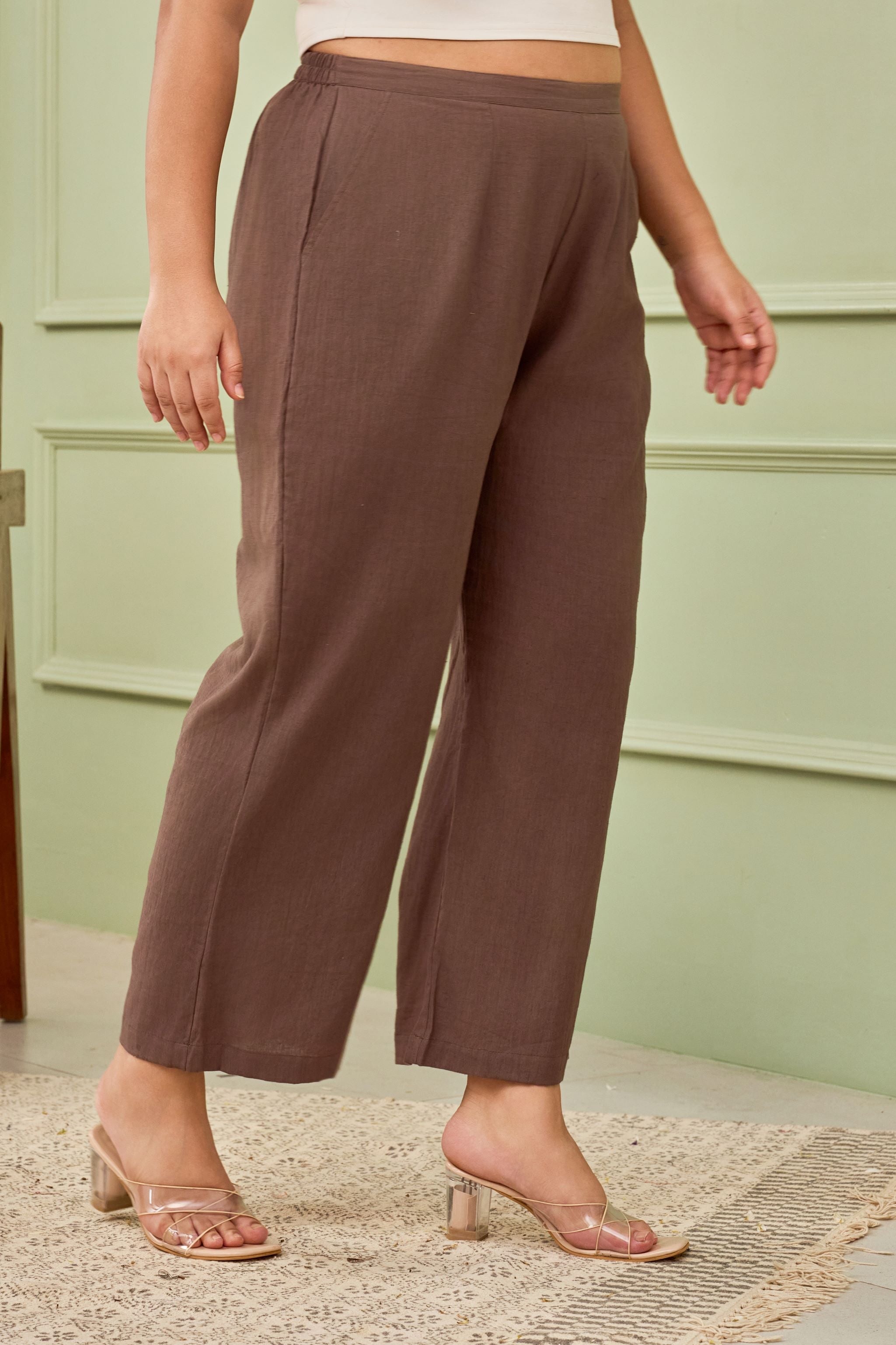 Women's Taupe Linen Mid-Rise Relaxed Fit Pants - Nangalia Ruchira