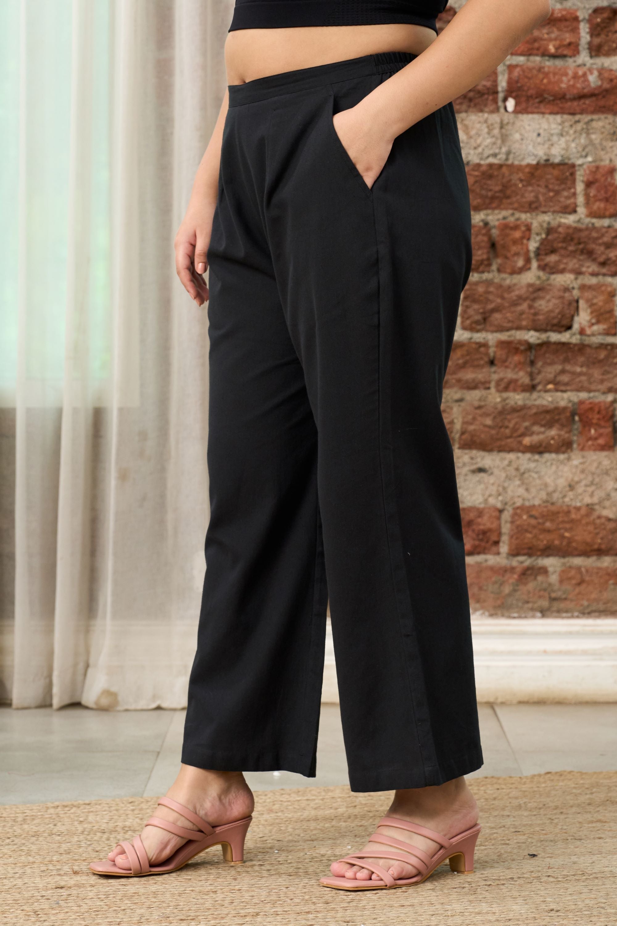 Women's Black Linen Mid-Rise Relaxed Fit Pants - Nangalia Ruchira