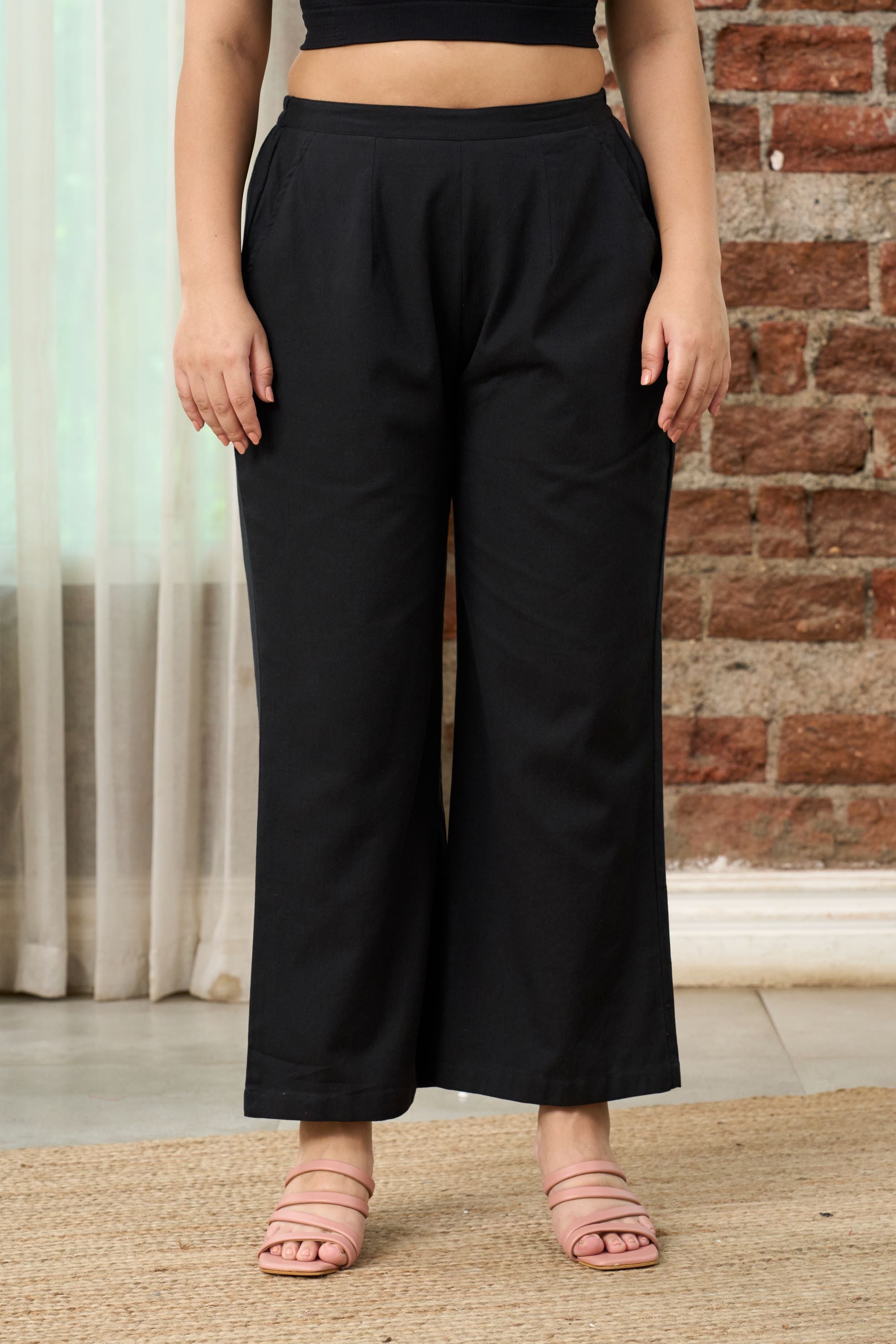 Women's Black Linen Mid-Rise Relaxed Fit Pants - Nangalia Ruchira