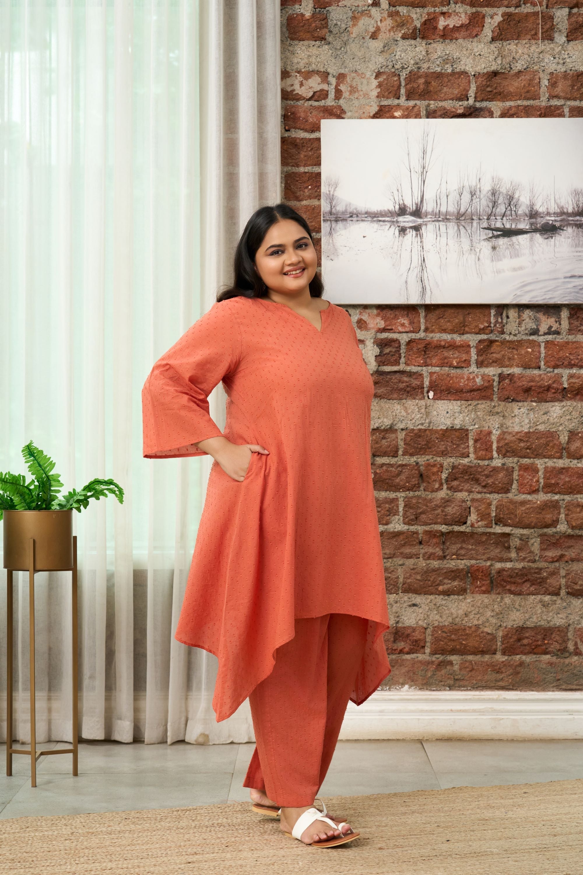 Women's Rust Orange Dobby Cotton Co-Ord Set - Nangalia Ruchira