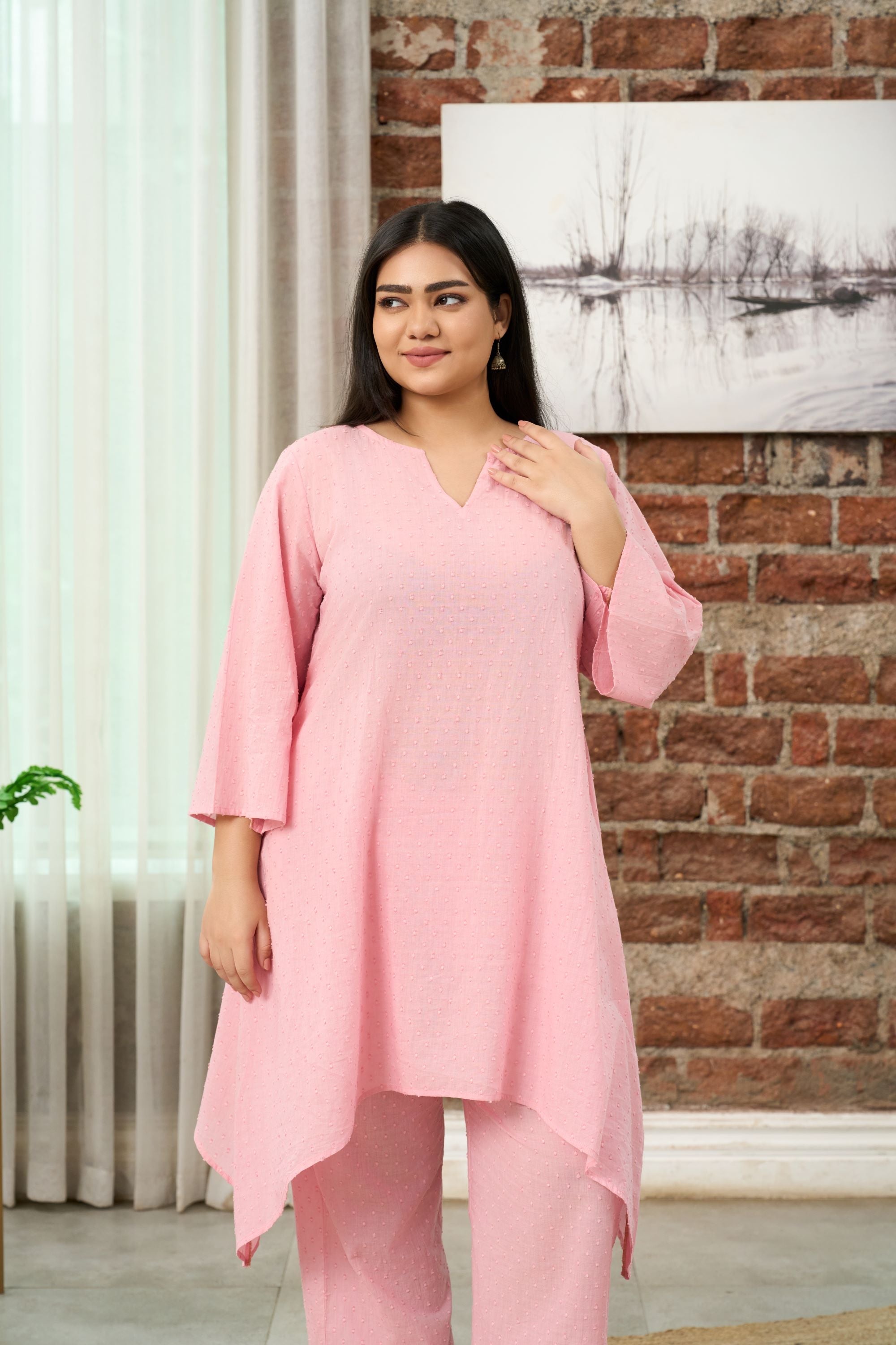 Women's Light Pink Dobby Cotton Co-Ord Set - Nangalia Ruchira