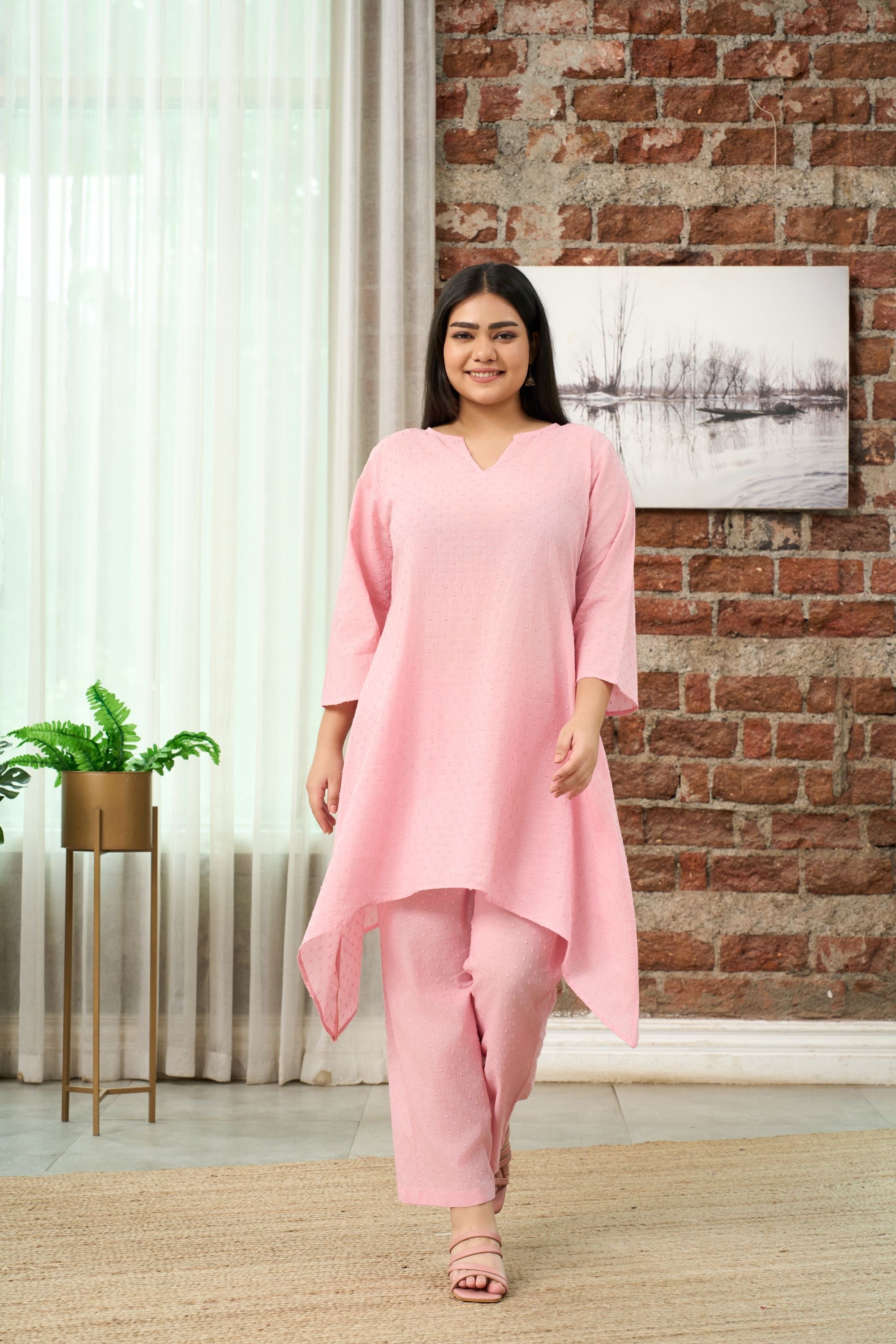 Women's Light Pink Dobby Cotton Co-Ord Set - Nangalia Ruchira