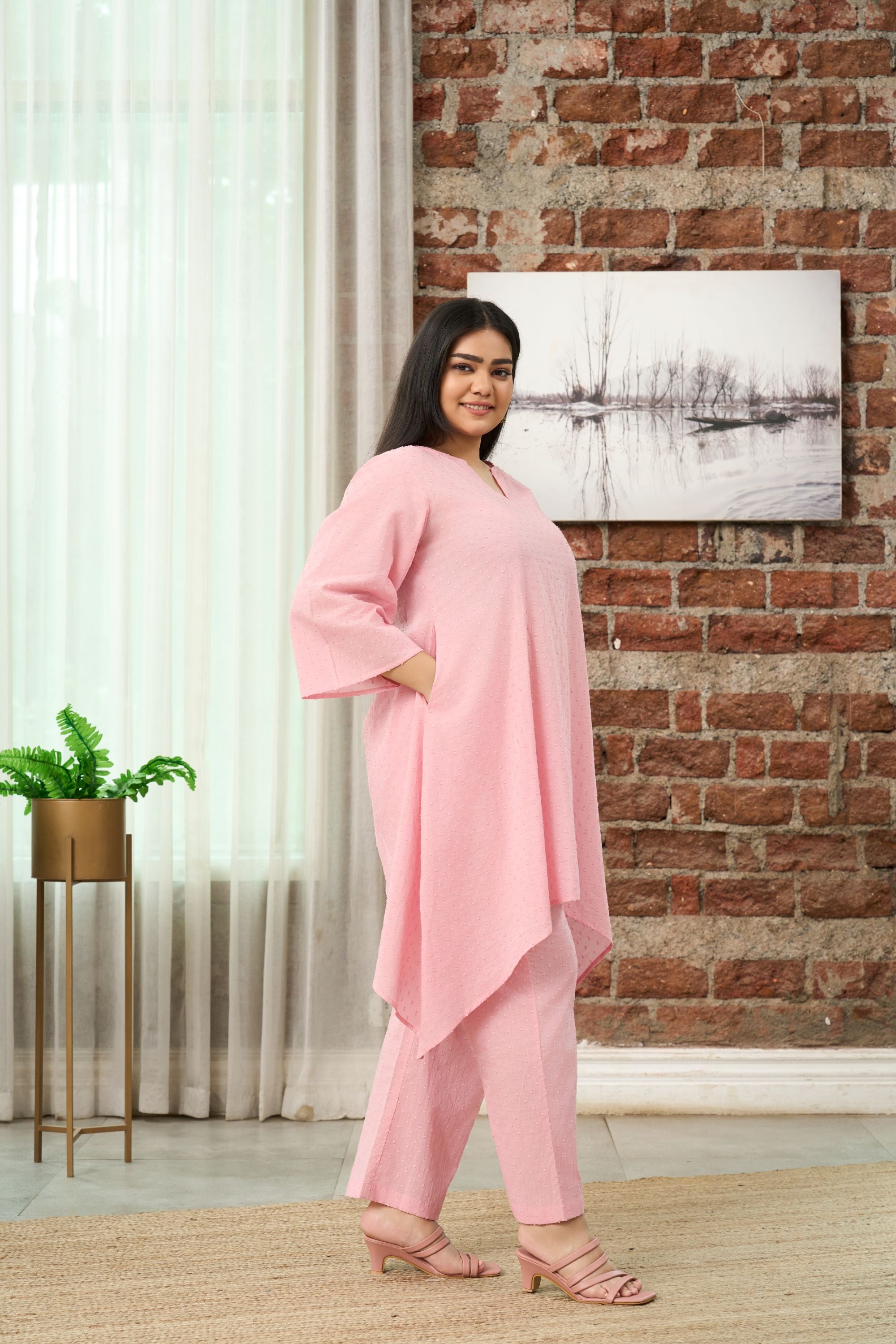 Women's Light Pink Dobby Cotton Co-Ord Set - Nangalia Ruchira