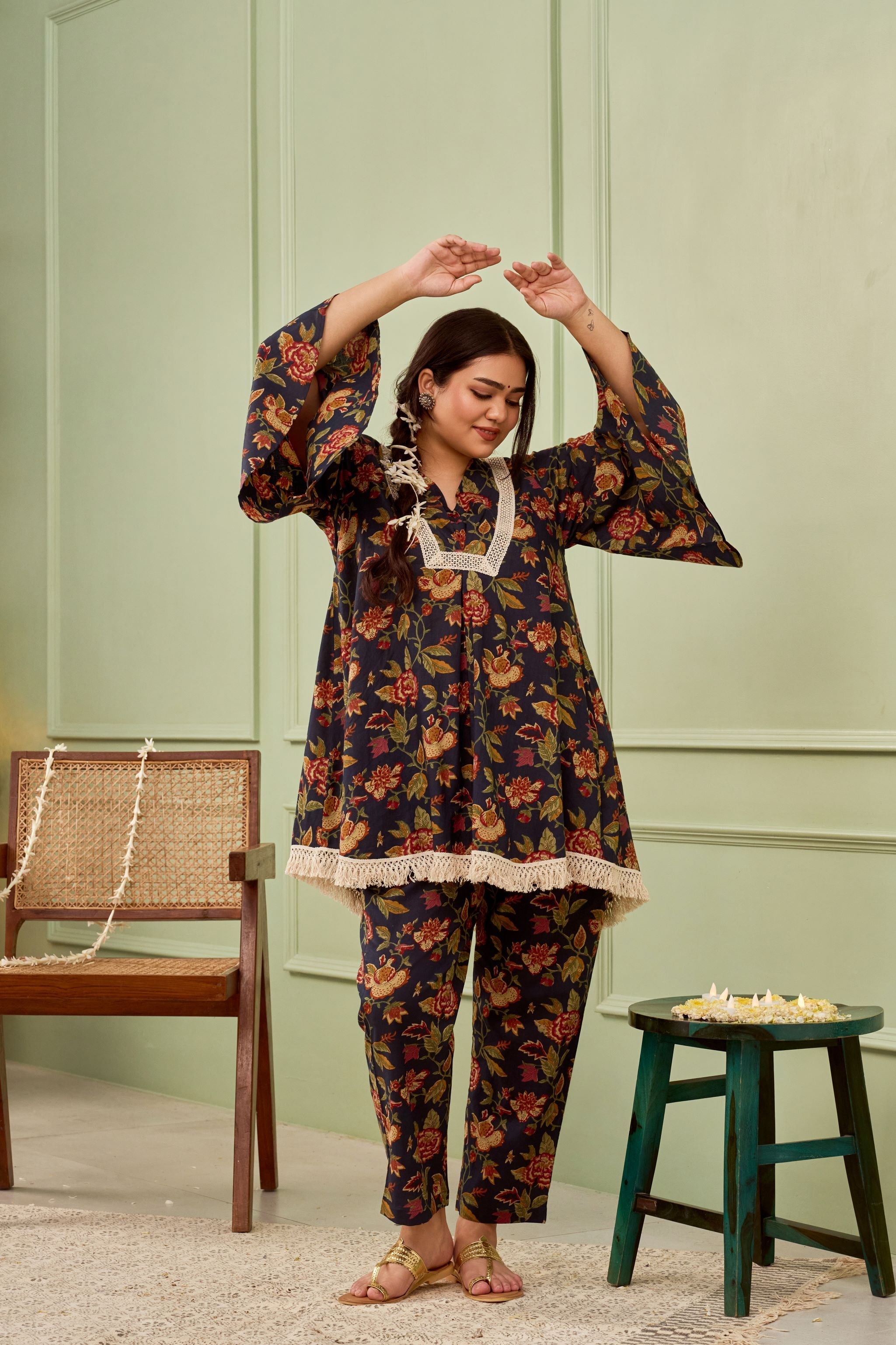 Women's Navy Blue Crochet Cotton Co-Ord Set - Nangalia Ruchira