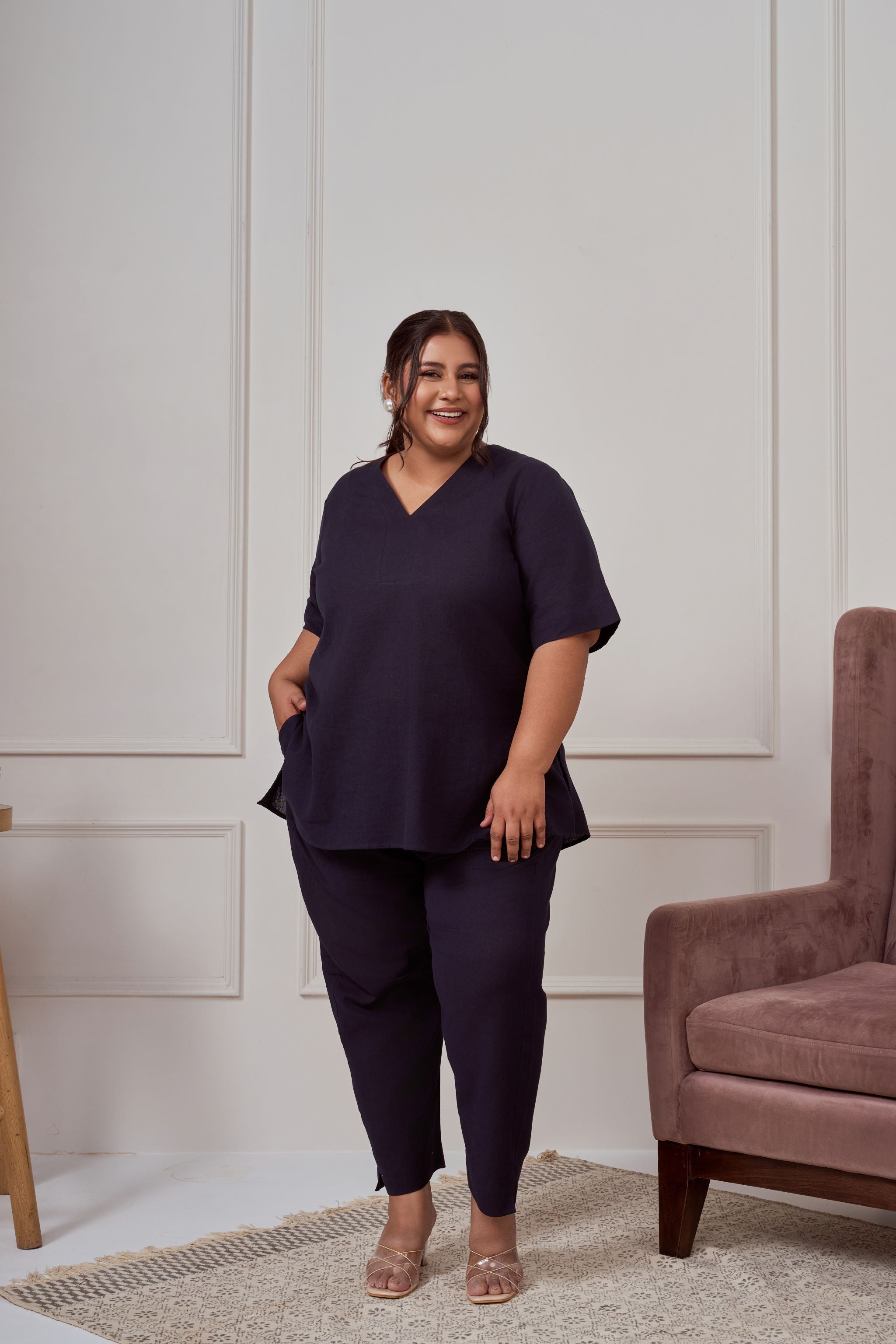 Women's Midnight Blue Linen Co-Ord Set - Nangalia Ruchira