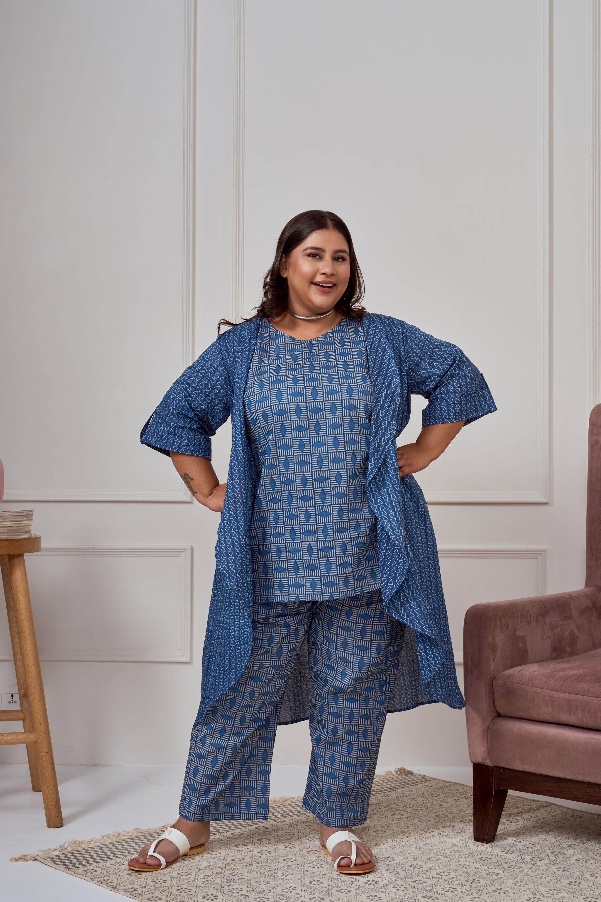 Women's Blue Geometric Print Co-Ord With Shrug - Nangalia Ruchira