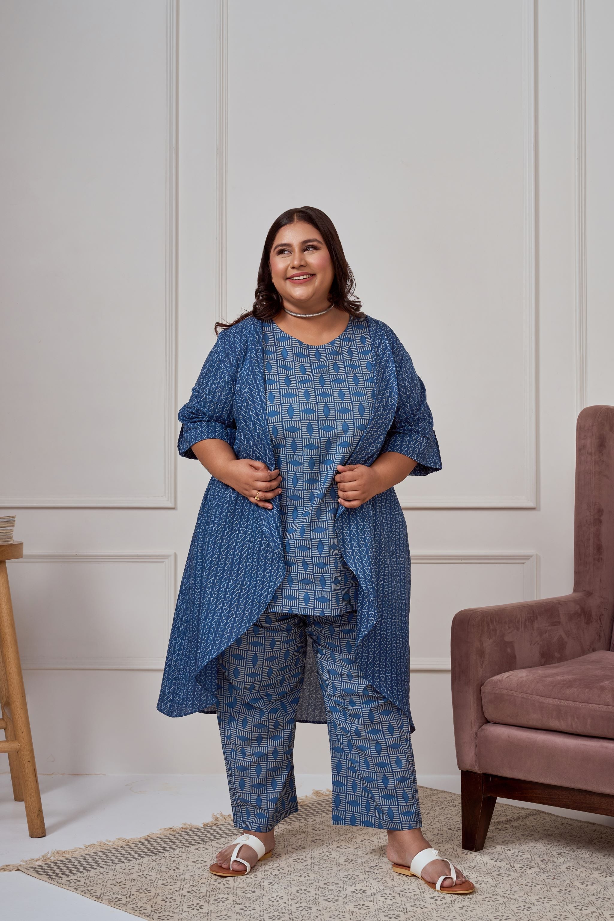 Women's Blue Geometric Print Co-Ord With Shrug - Nangalia Ruchira