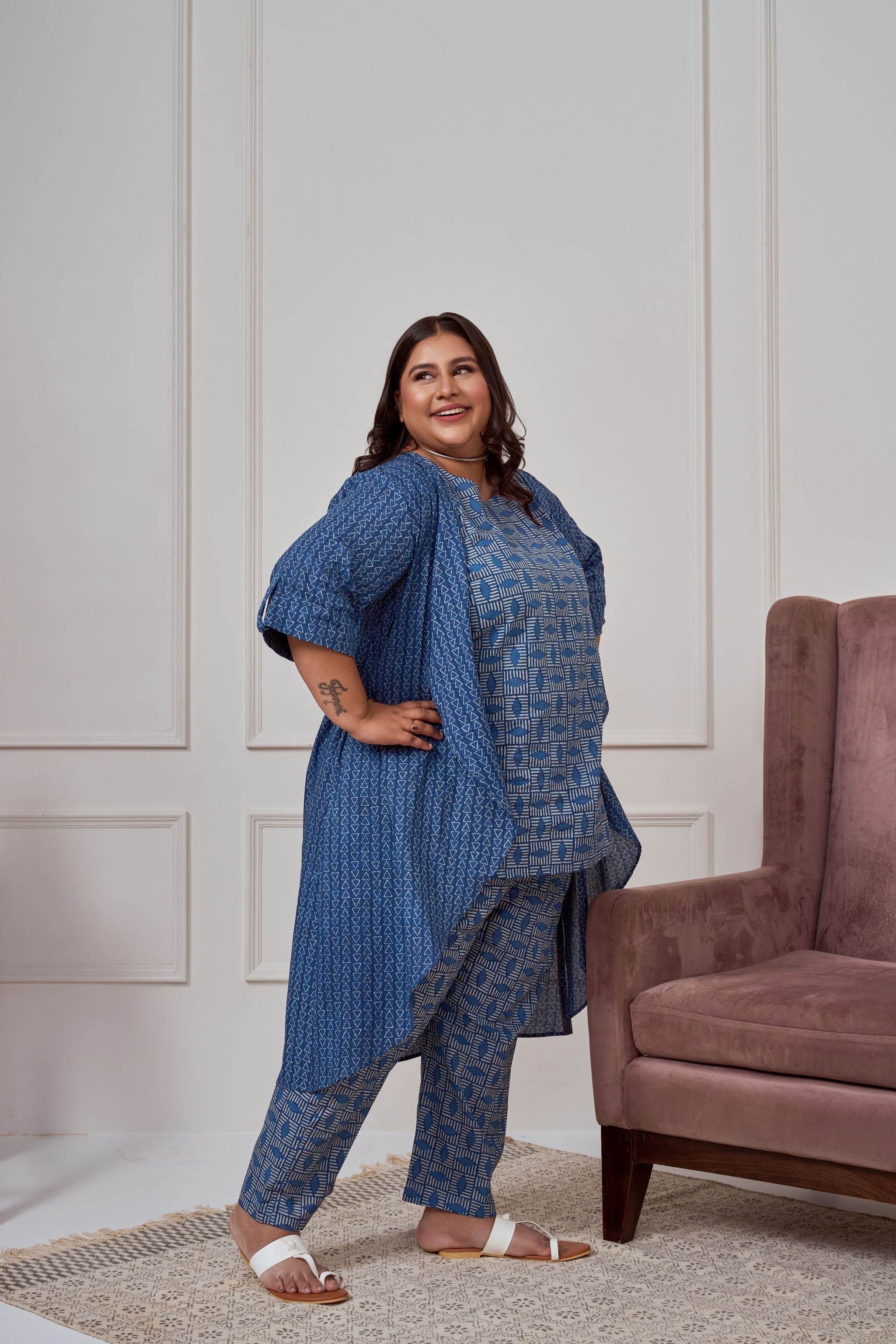 Women's Blue Geometric Print Co-Ord With Shrug - Nangalia Ruchira