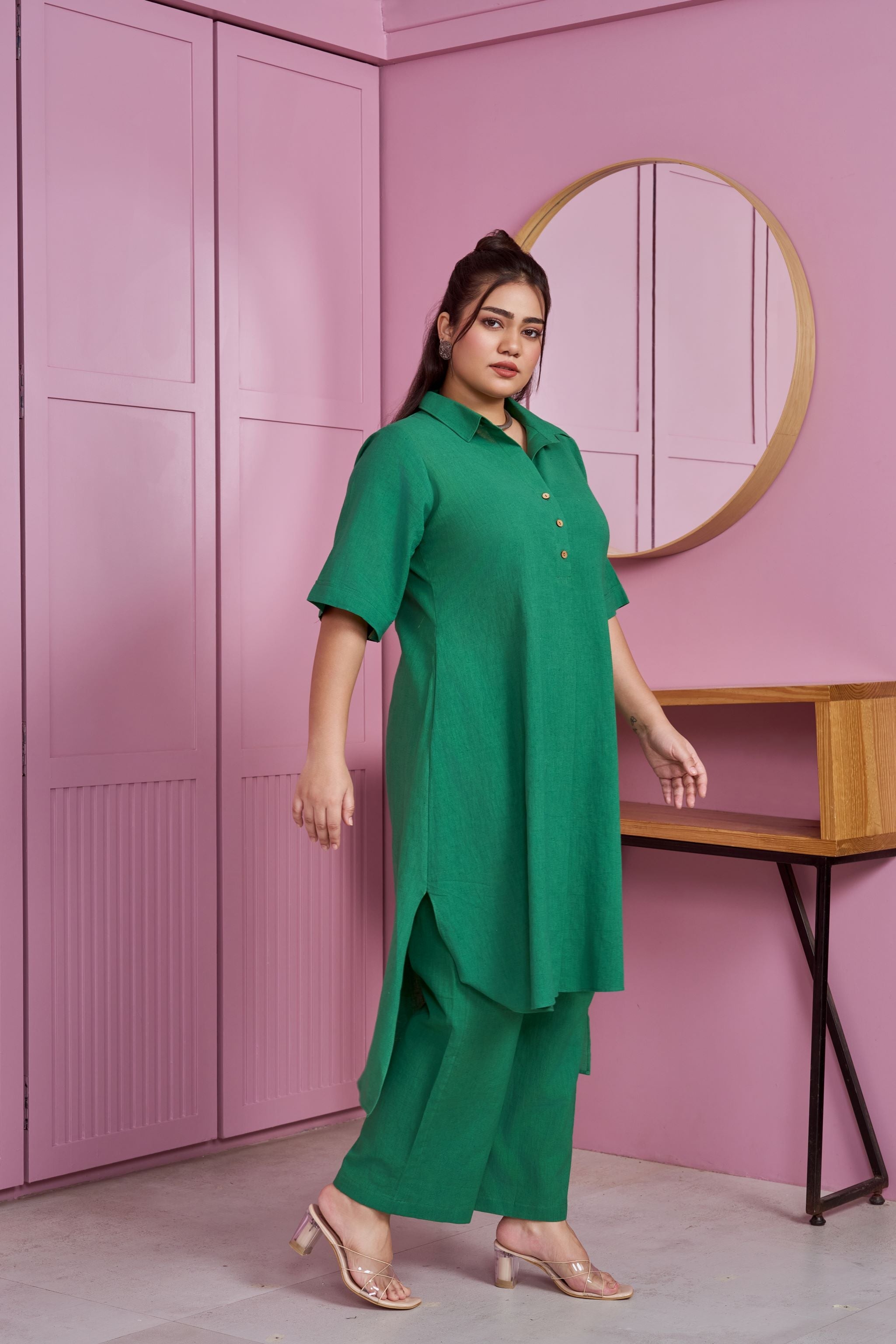 Women's Emerald Green Hi-Lo Linen Co-Ord Set - Nangalia Ruchira
