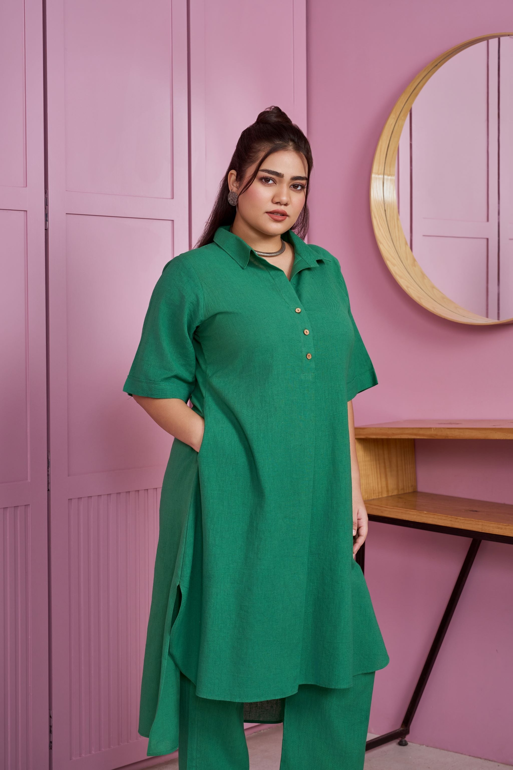 Women's Emerald Green Hi-Lo Linen Co-Ord Set - Nangalia Ruchira