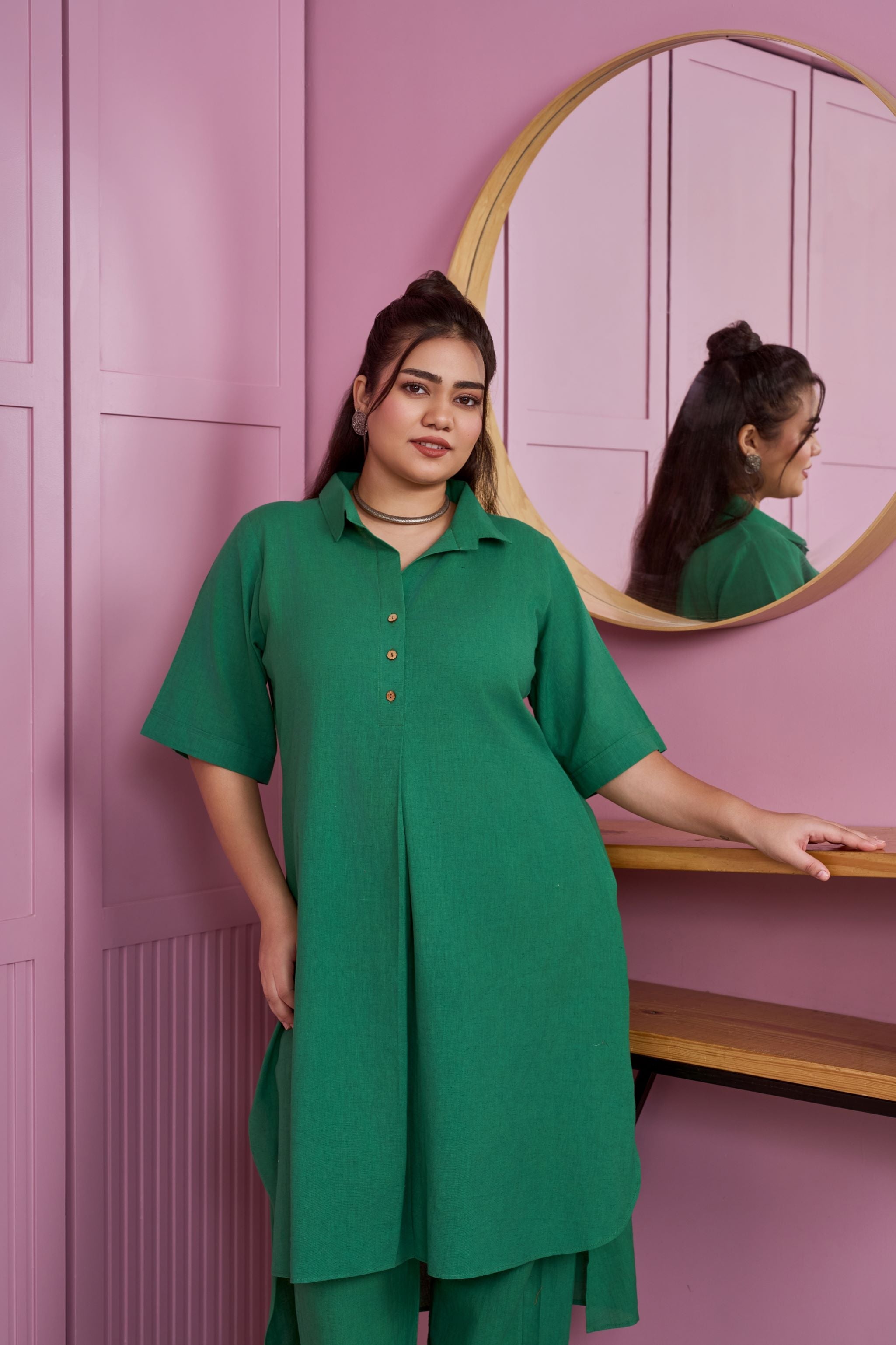 Women's Emerald Green Hi-Lo Linen Co-Ord Set - Nangalia Ruchira