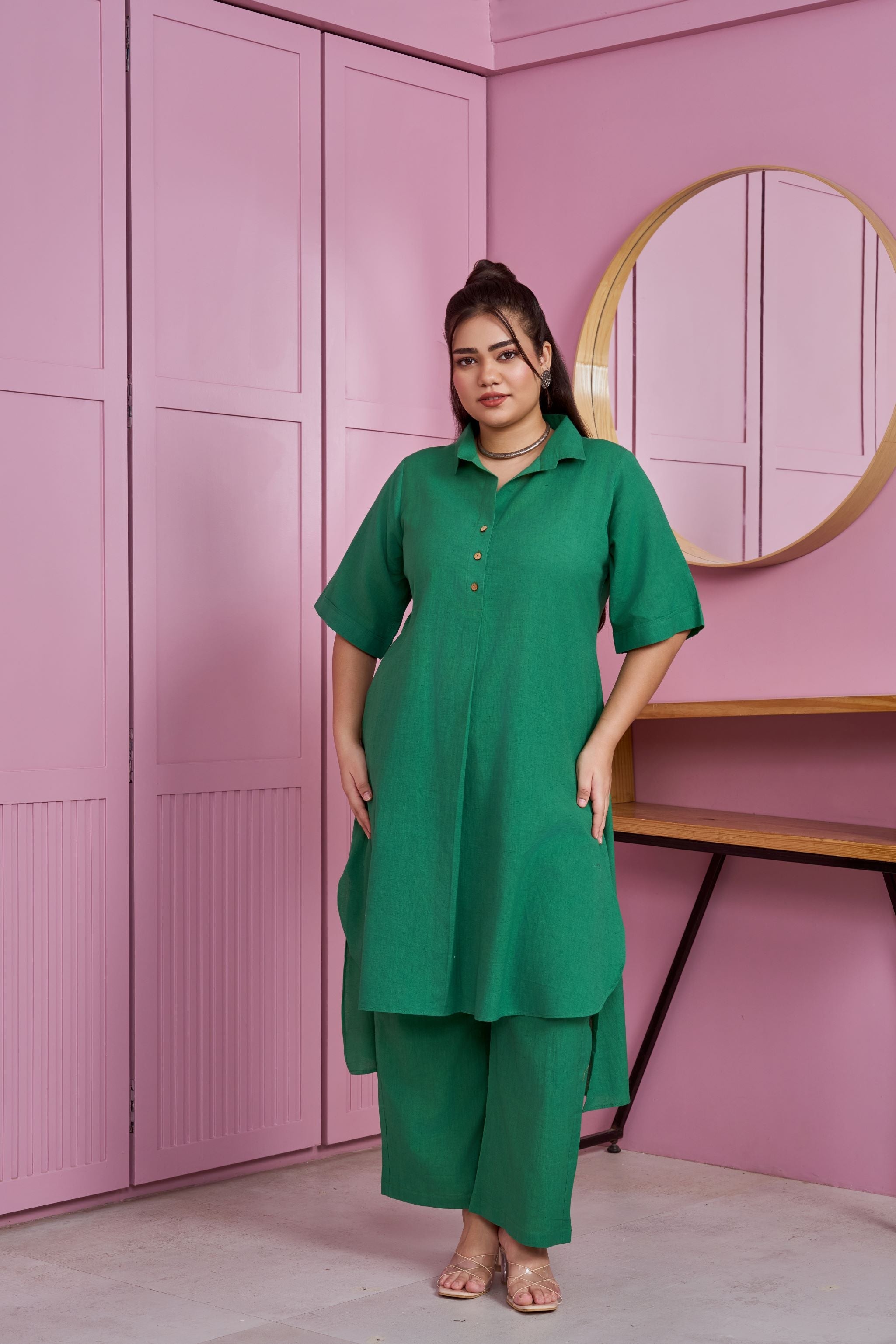 Women's Emerald Green Hi-Lo Linen Co-Ord Set - Nangalia Ruchira
