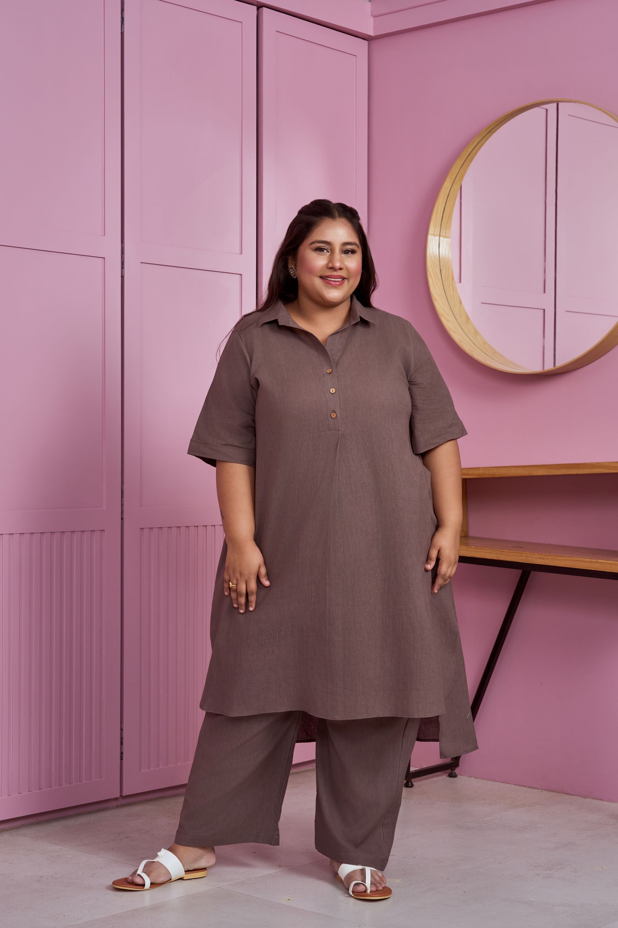 Women's Taupe Hi-Lo Linen Co-Ord Set - Nangalia Ruchira