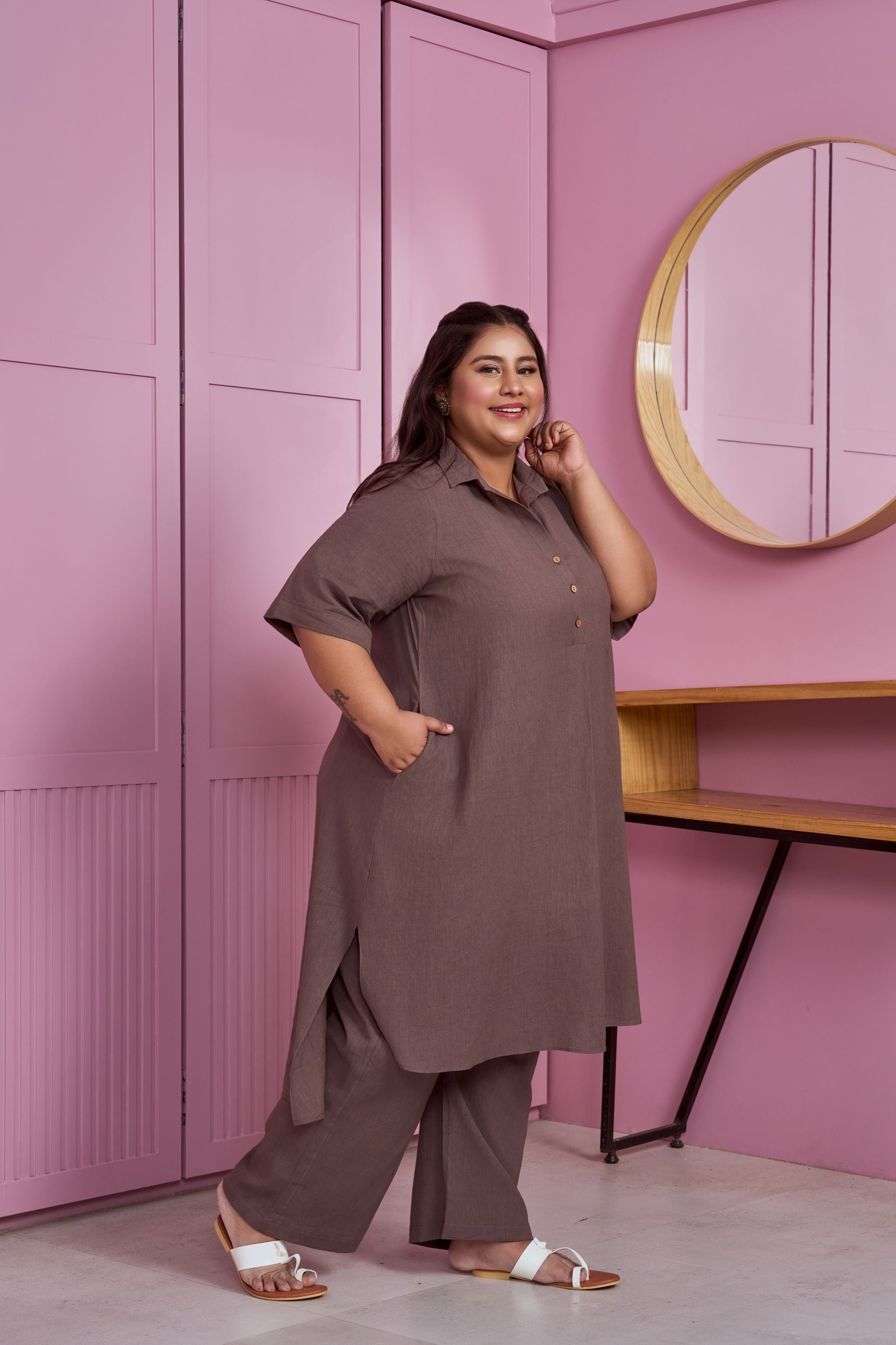 Women's Taupe Hi-Lo Linen Co-Ord Set - Nangalia Ruchira