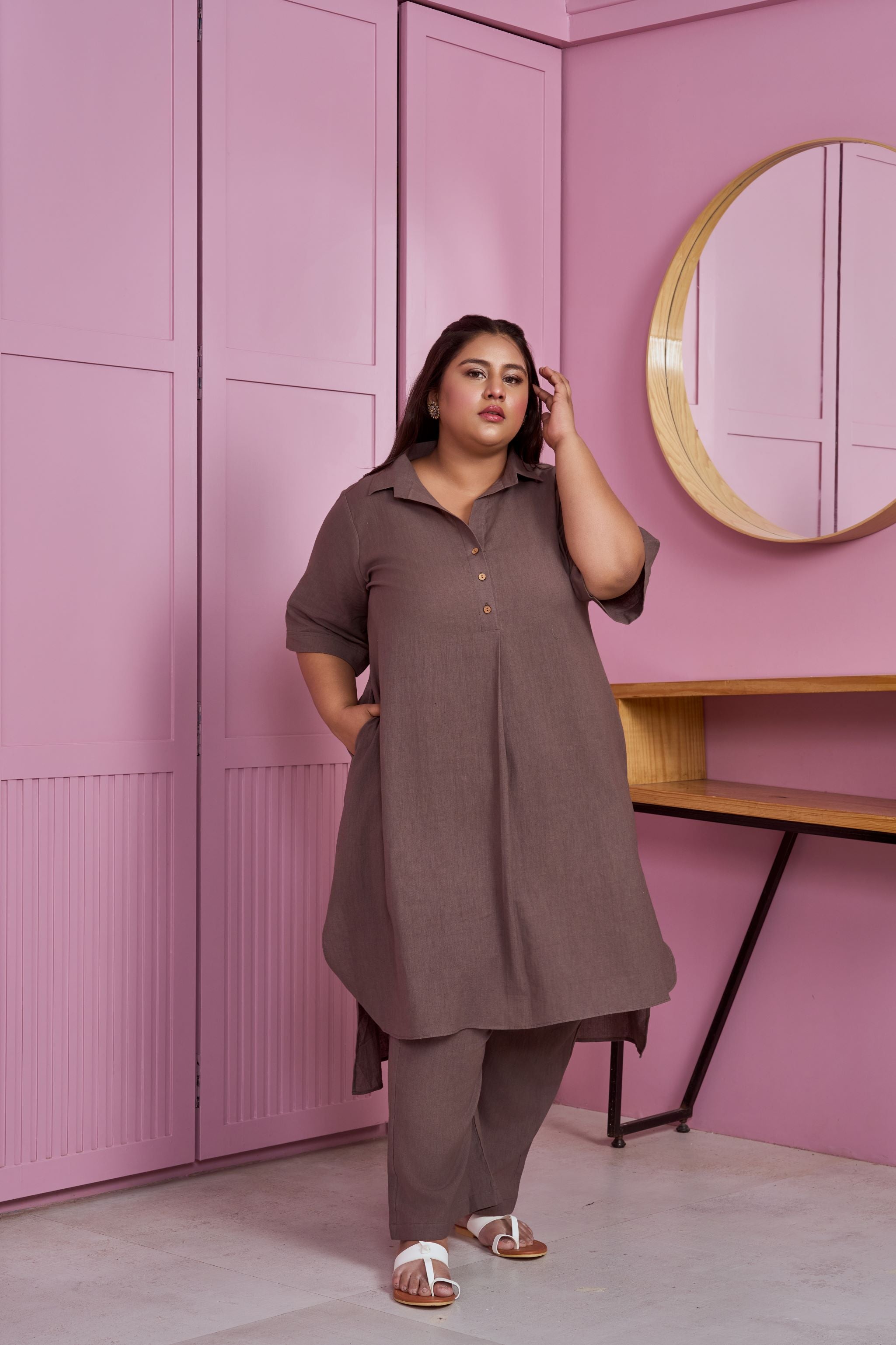 Women's Taupe Hi-Lo Linen Co-Ord Set - Nangalia Ruchira