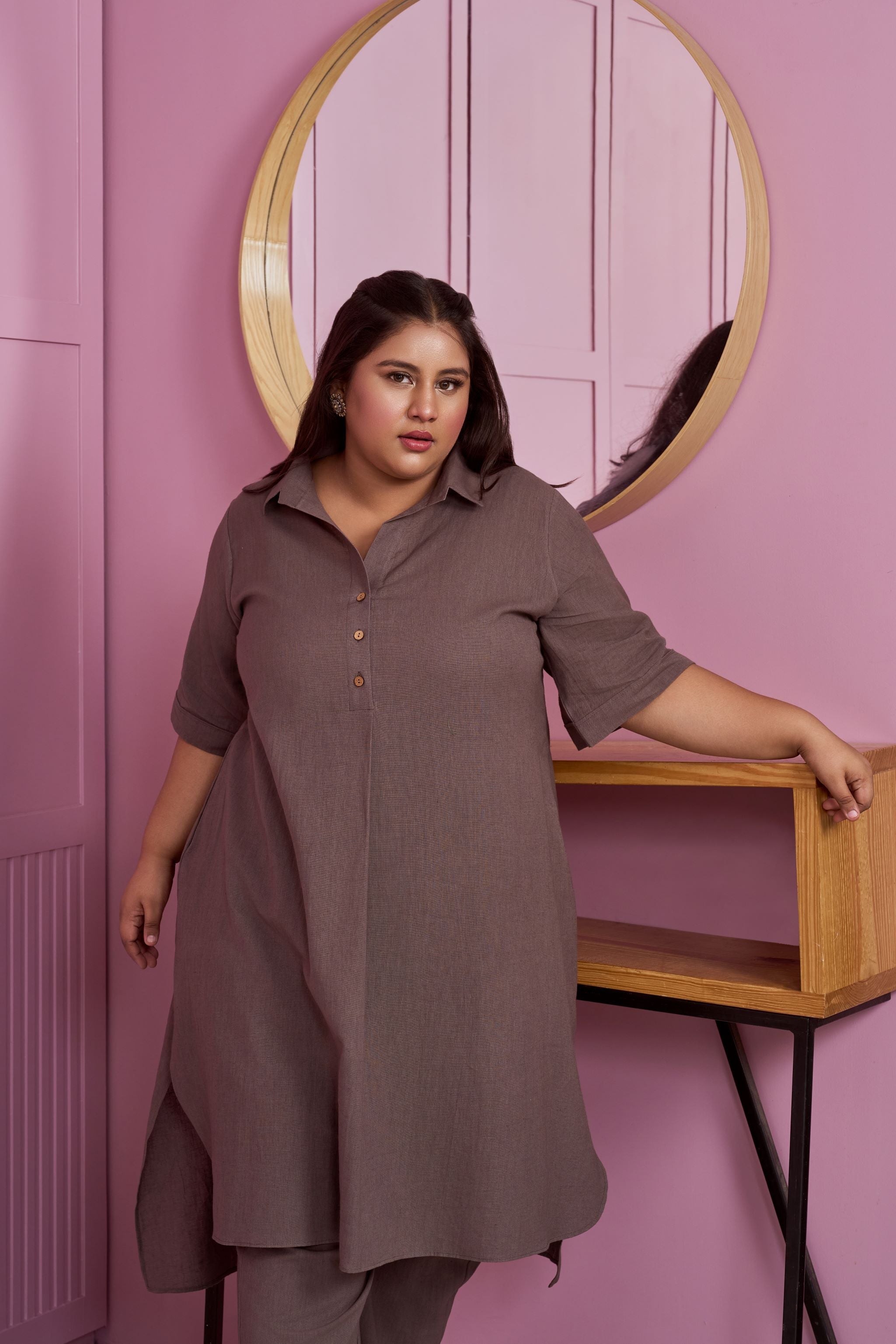 Women's Taupe Hi-Lo Linen Co-Ord Set - Nangalia Ruchira