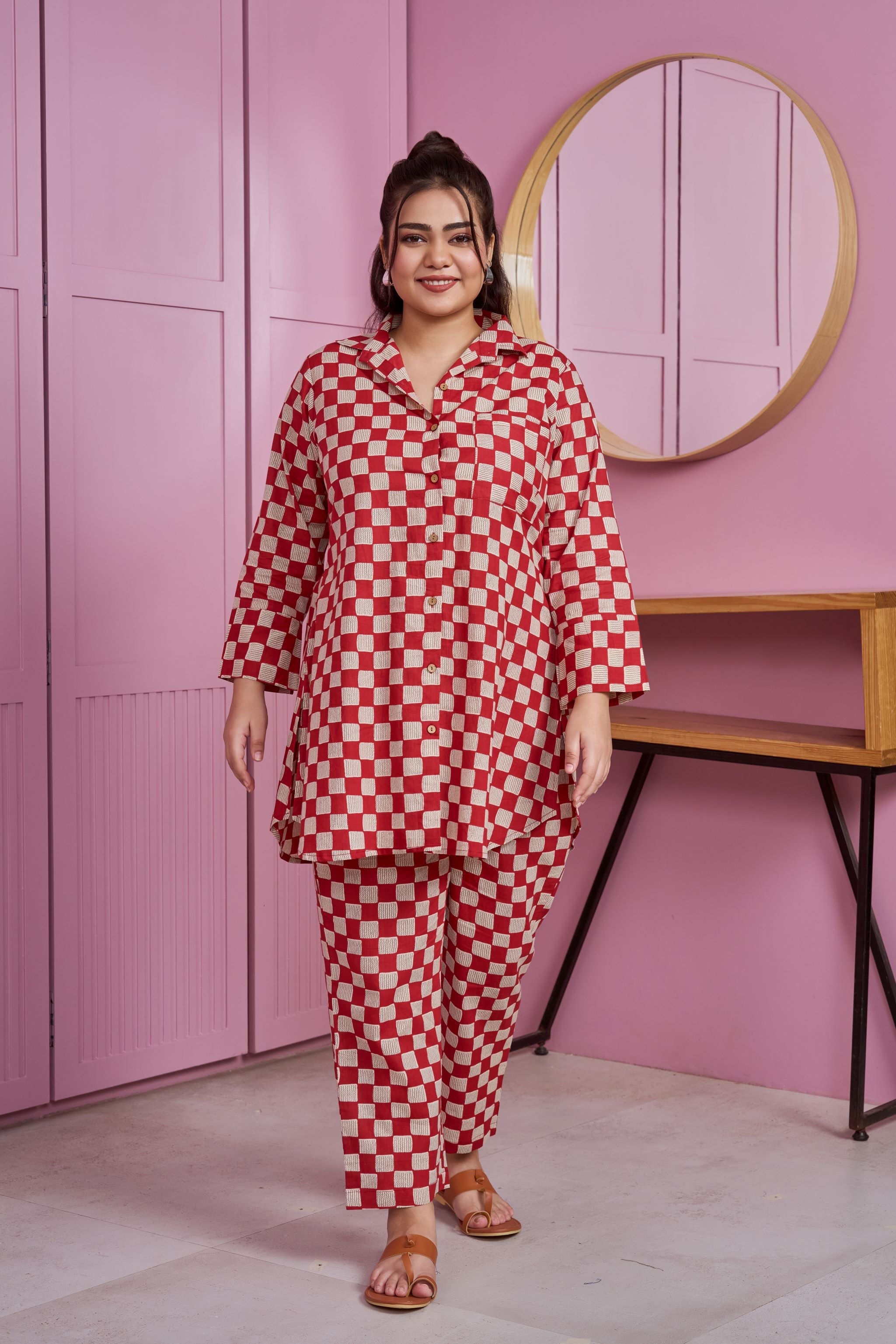 Women's Red-White Checkered Print Cotton Co-Ord Set - Nangalia Ruchira