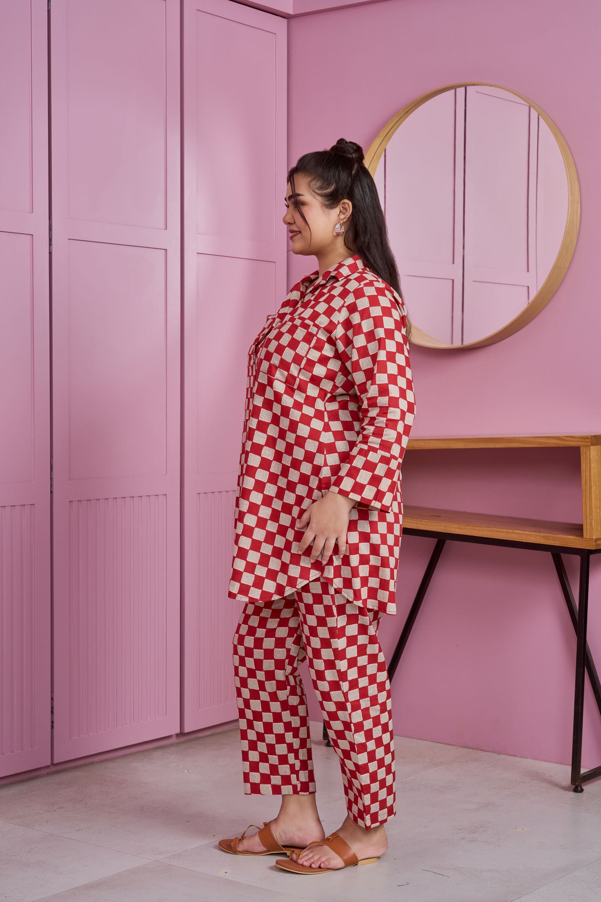 Women's Red-White Checkered Print Cotton Co-Ord Set - Nangalia Ruchira