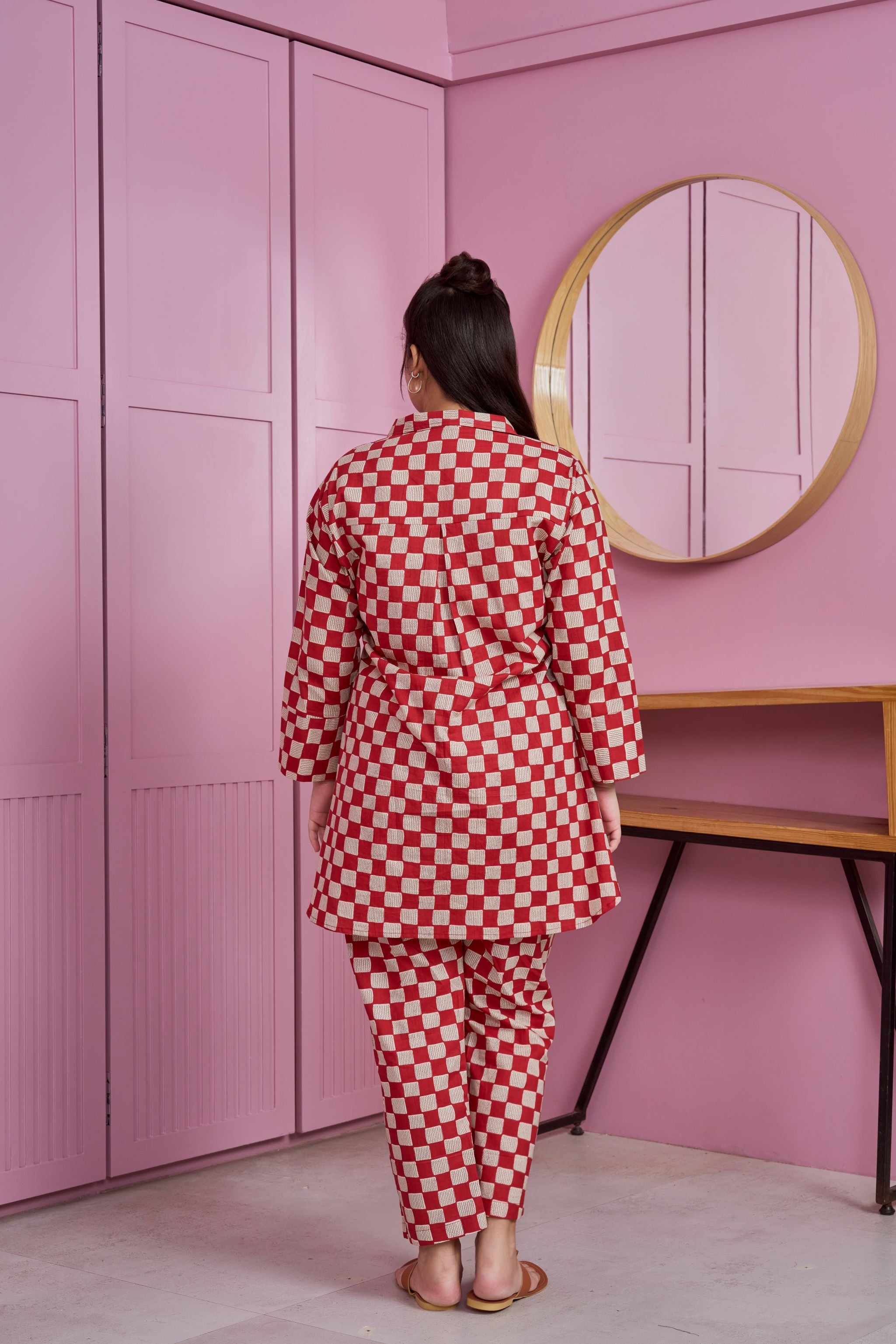 Women's Red-White Checkered Print Cotton Co-Ord Set - Nangalia Ruchira
