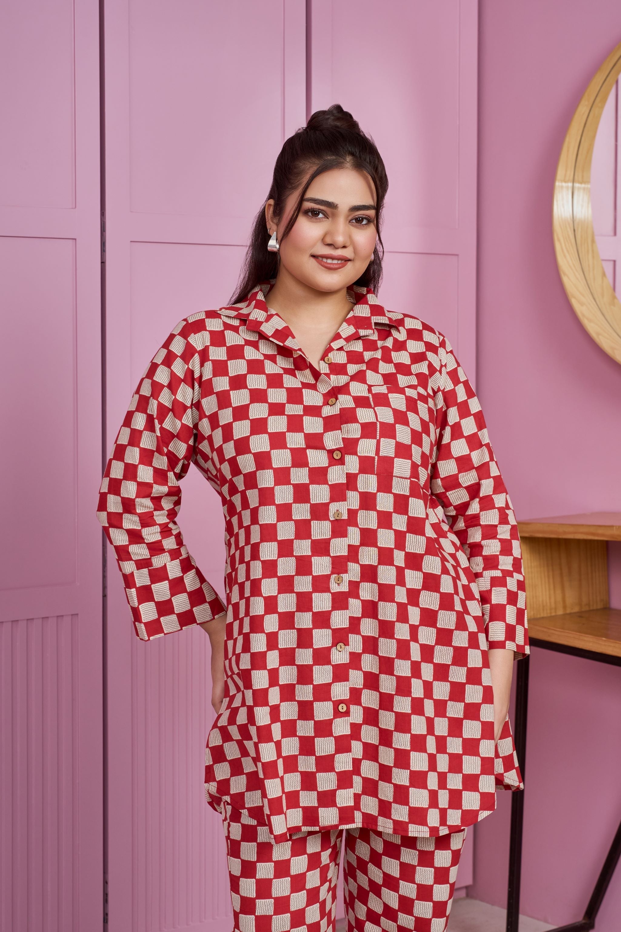 Women's Red-White Checkered Print Cotton Co-Ord Set - Nangalia Ruchira