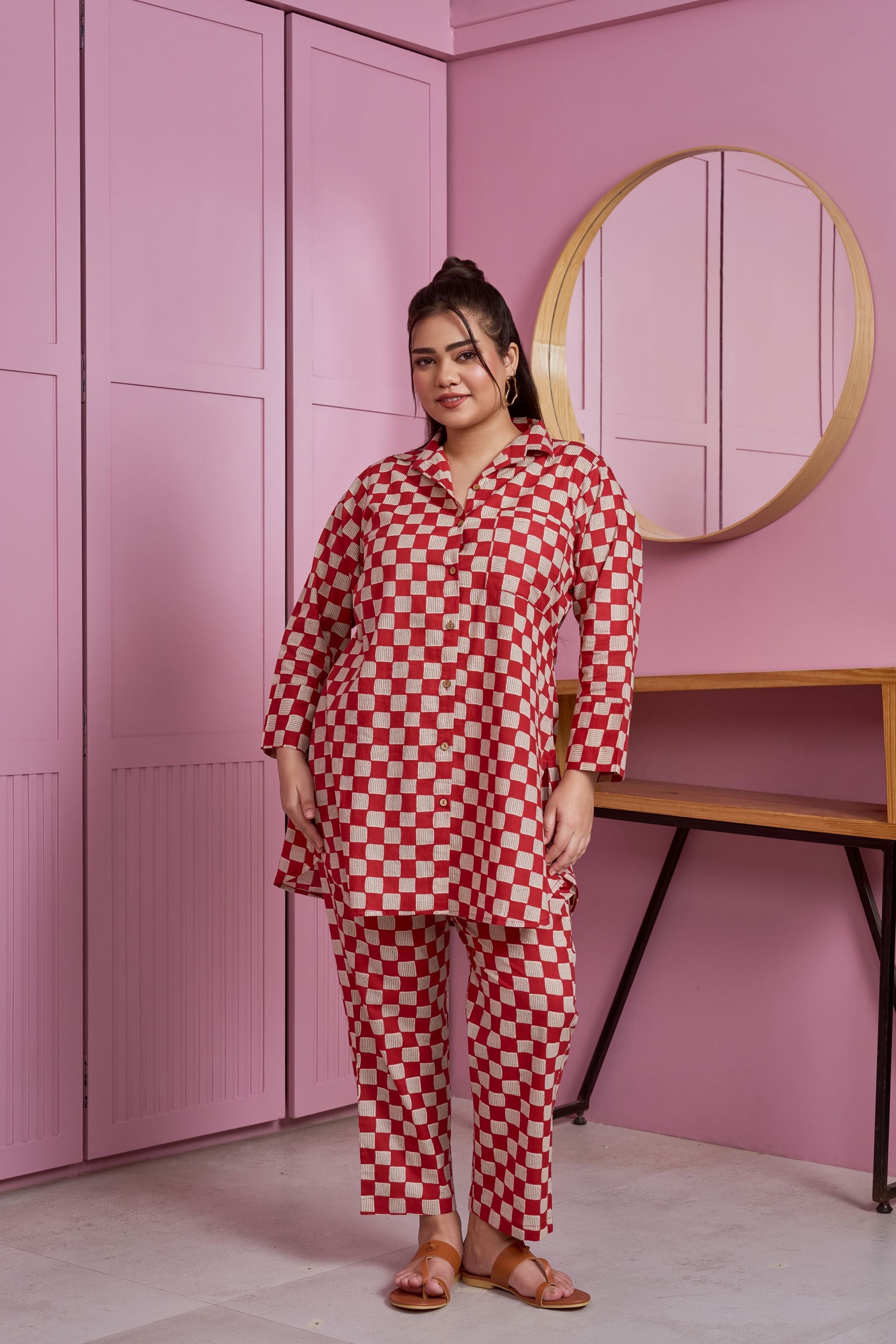 Women's Red-White Checkered Print Cotton Co-Ord Set - Nangalia Ruchira